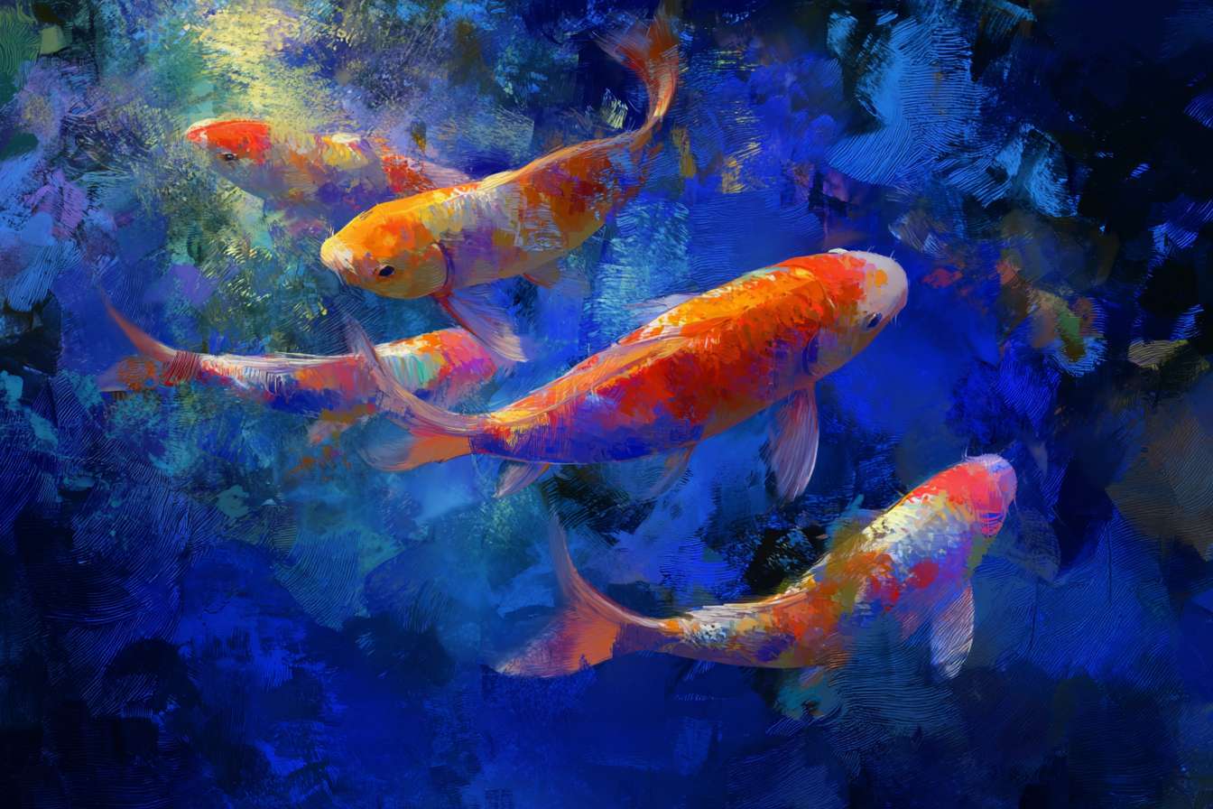 Vibrant underwater fantasy: blue water, 五彩光影，and energetic koi, 粗笔触 for texture, 细笔触 for movement, abstract. --ar 3:2 --v 7 --stylize 100 --fast --no 水印