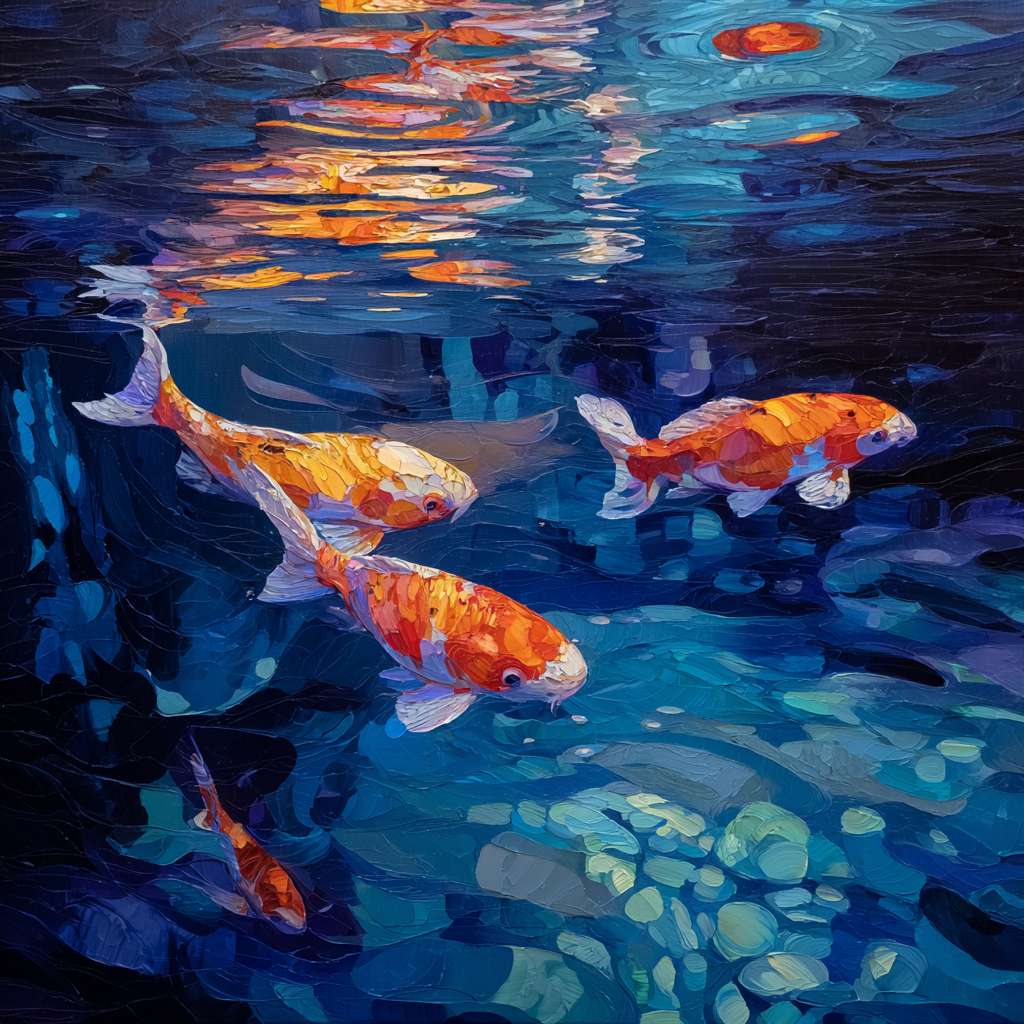 Surreal blue aquarium with koi and refracted light, bold strokes for water, delicate strokes for fish, abstract energy. --ar 1:1 --v 7 --stylize 100 --fast
