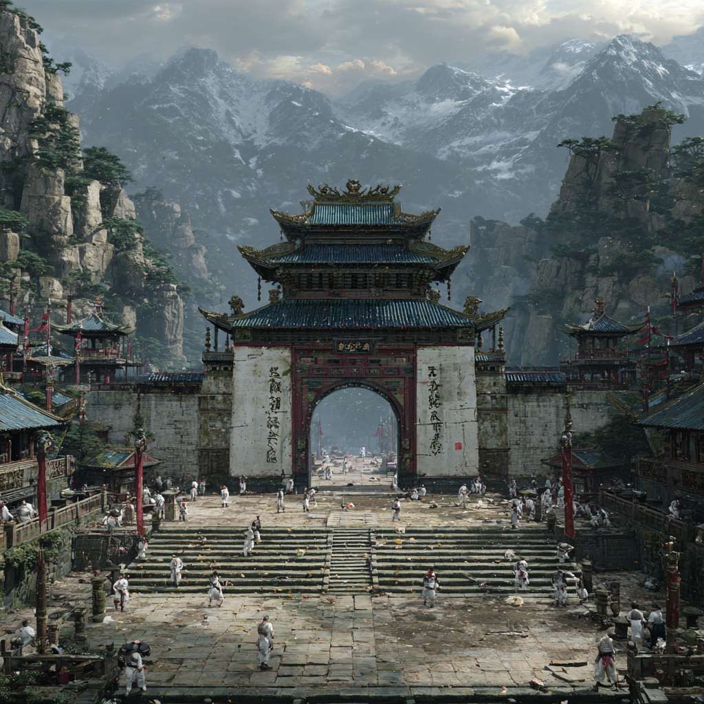 武侠游戏，华山派场景，包含大门 --ar 1:1 --v 7 --stylize 100 --fast --no 水印