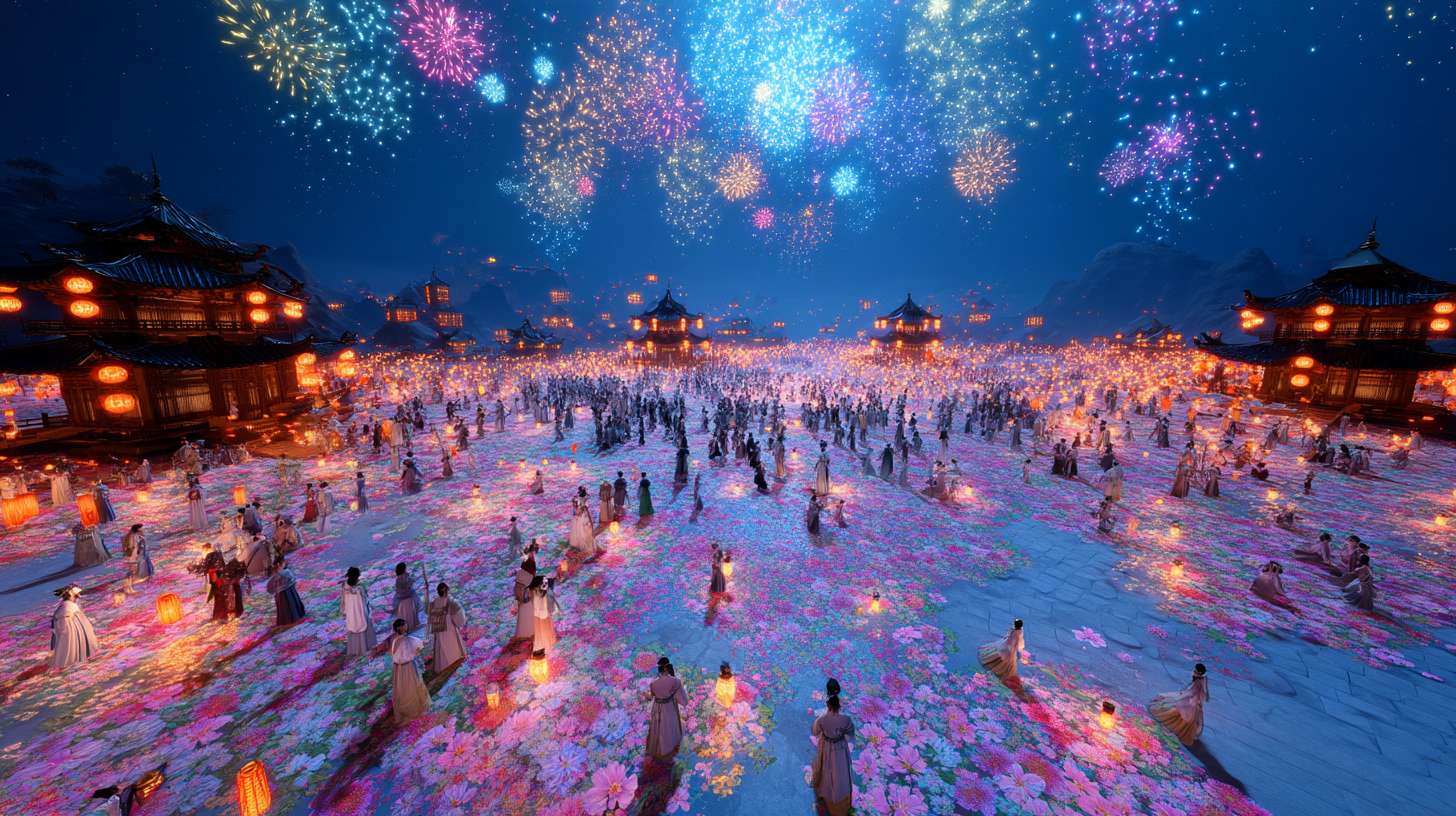 Unreal Engine 5 rendering, in this awe-inspiring scene of the ancient Luoyang Flower Festival, the composition centers on a vast sea of blooming peonies, surrounded by ancient-style pavilions, buildings, and winding corridors adorned with countless red lanterns, while the night sky is continuously lit up by colorful fireworks, the foreground features a celebrating crowd dressed in elegant Hanfu singing and dancing, the middle ground includes traditional Chinese architecture such as eaves-cornered pavilions, and the background blends deep blue starry skies with brilliant fireworks, in terms of color, vibrant reds, golds, and greens dominate, symbolizing luck and wealth, with the pink and white of the flowers sharply contrasting with the warm yellow of the lanterns, and the multicolored lights of the fireworks adding dynamic color variations, the lighting effects are exquisitely detailed, the soft glow from the lanterns casts warm shadows on people's faces and the ground, while the explosive flashes of fireworks create dazzling halos, contrasting with the cool moonlight to enhance the image's depth and dynamism, the entire scene is bustling and lively, with lanterns swaying gloriously, fireworks sparkling brilliantly, and the crowd cheering incessantly, as if transporting the viewer into a dreamlike ancient prosperous era filled with the charm of Chinese elements. --ar 16:9 --v 7 --c 20 --quality 4 --stylize 100 --fast
