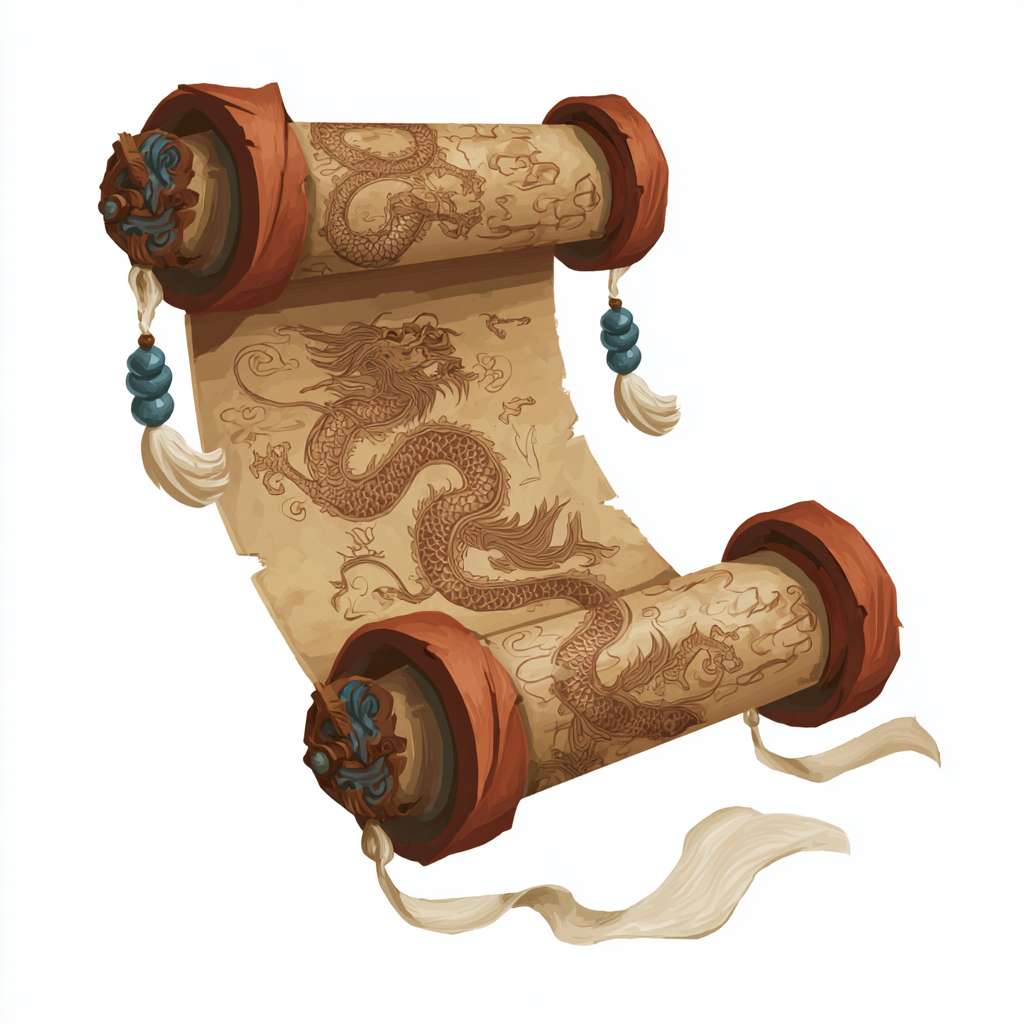 ash,zzzs,A scroll icon. Chinese style,the scroll is in an unfolded state,with a scroll head on each end. The scroll features patterned lines,cloud patterns,and a brown silhouette of a dragon. The shaft heads at both ends of the scroll are brownish red,and a white ribbon is tied below the scroll. The end of the ribbon is decorated with blue gemstones and white fluff,giving it a classical Eastern charm. The scroll floats,soft and dynamic, --ar 1:1 --v 7 --stylize 100 --fast