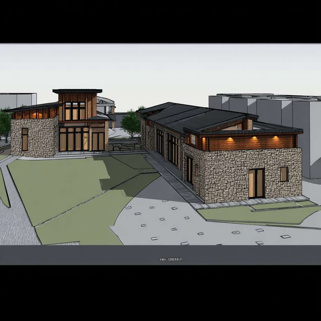 https://img-xpc-mj0.xpccdn.com/prod/upload/b39c4545-0ab0-4ac6-9ef7-3fd407e8503d/%E8%AF%95%E4%B8%80%E8%AF%95.jpg~tplv-5yakomv5zn-auto-v1%3A1024%3A0%3Aq75.jpg https://img-xpc-mj0.xpccdn.com/prod/upload/5b661e5d-4174-421f-88e4-3856f04685b0/%E5%B1%8F%E5%B9%95%E6%88%AA%E5%9B%BE%202025-11-17%20122321.jpg~tplv-5yakomv5zn-auto-v1%3A1024%3A0%3Aq75.jpg 请将图一二 渲染成精美的效果图，保持图片中构图内容和材质不变，请保持图中建筑形态和结构不改变，建筑后面浅绿色部分为山体，建筑前面绿色部分是草地，将图中的材质转换成真实的PBR材质效果，视角不变，风格请参考图三。图中的建筑为【老粮站改造后的建筑群】适当补充周边的绿化、行人，以及适配美丽乡村的环境配景元素。
可选扩展内容：
时刻表达在【白天】，适当增加雾蒙蒙的薄雾及建筑照明、周边环境照明，突出表达的建筑形象与整体空间氛围。 --ar 1:1 --v 7 --stylize 100 --fast --iw 1 --sref https://img-xpc-mj0.xpccdn.com/prod/upload/5336bd75-e485-41f0-8da4-f1b7a08c06f5/%E8%AF%95%E4%B8%80%E8%AF%952.jpg~tplv-5yakomv5zn-auto-v1%3A1024%3A0%3Aq75.jpg --sw 1000 --no 水印
