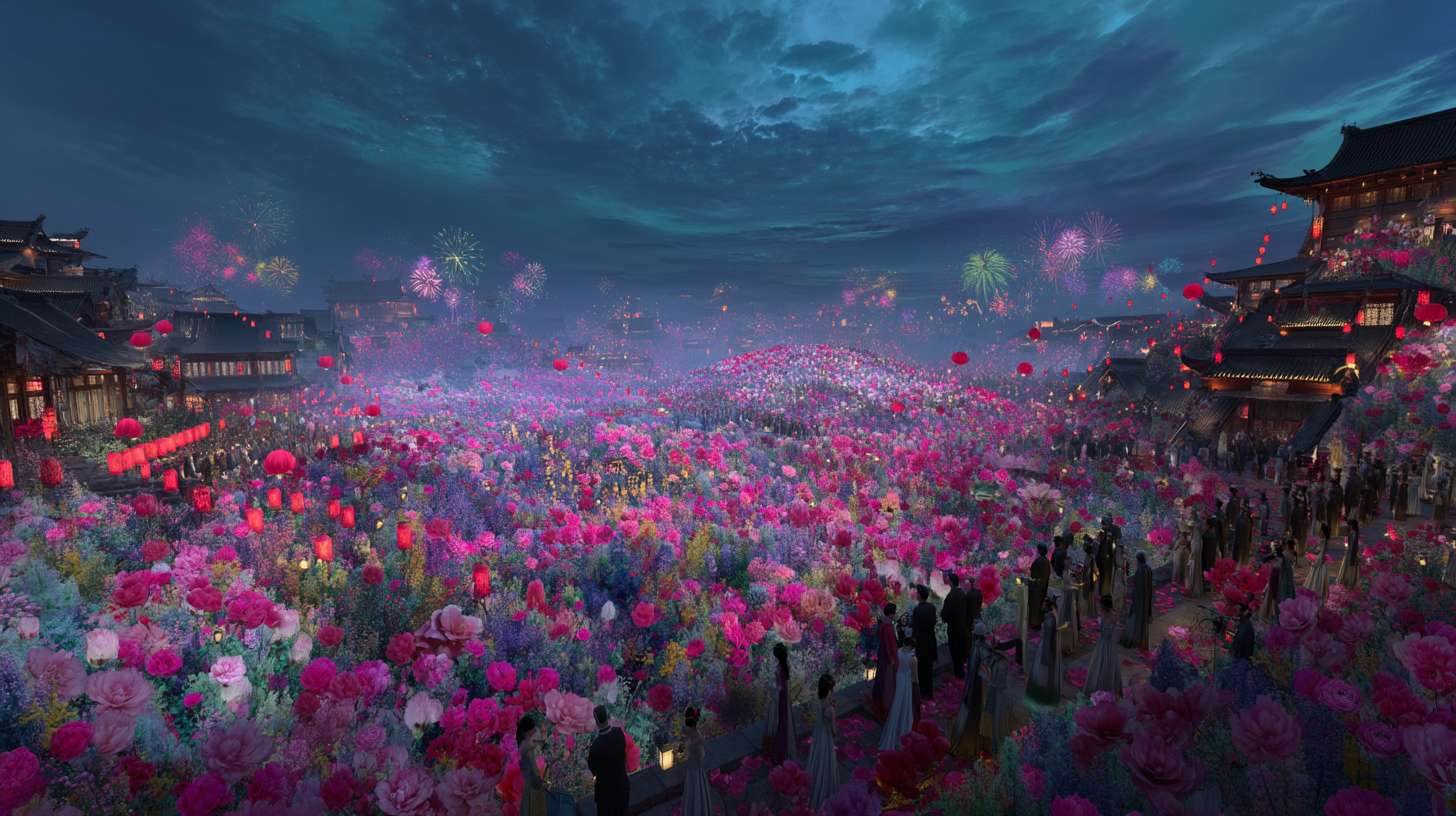 Unreal Engine 5 rendering, in this awe-inspiring scene of the ancient Luoyang Flower Festival, the composition centers on a vast sea of blooming peonies, surrounded by ancient-style pavilions, buildings, and winding corridors adorned with countless red lanterns, while the night sky is continuously lit up by colorful fireworks, the foreground features a celebrating crowd dressed in elegant Hanfu singing and dancing, the middle ground includes traditional Chinese architecture such as eaves-cornered pavilions, and the background blends deep blue starry skies with brilliant fireworks, in terms of color, vibrant reds, golds, and greens dominate, symbolizing luck and wealth, with the pink and white of the flowers sharply contrasting with the warm yellow of the lanterns, and the multicolored lights of the fireworks adding dynamic color variations, the lighting effects are exquisitely detailed, the soft glow from the lanterns casts warm shadows on people's faces and the ground, while the explosive flashes of fireworks create dazzling halos, contrasting with the cool moonlight to enhance the image's depth and dynamism, the entire scene is bustling and lively, with lanterns swaying gloriously, fireworks sparkling brilliantly, and the crowd cheering incessantly, as if transporting the viewer into a dreamlike ancient prosperous era filled with the charm of Chinese elements. --ar 16:9 --v 7 --c 20 --quality 4 --stylize 100 --fast