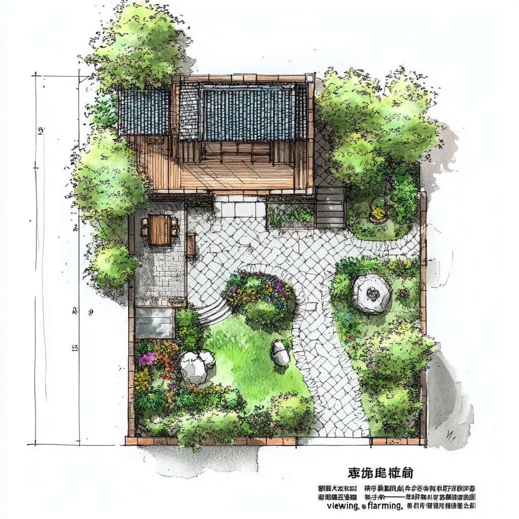 请根据以下描述生成一个建筑平面图。一、庭院功能分区与动线规划
1. 前院(迎宾景观区)
尺寸:4m×8m(靠近主入口)
核心元素:
中式门廊:悬挑1.5m宽灰瓦檐廊,地面铺青石板,设木质长凳供休憩。
曲径通幽:鹅卵石拼花小径(宽0.8m)蜿蜒至入口,两侧种植修水本地毛竹、蕨类。
水景点睛:利用小溪活水引入小型叠水景(宽1m×长2m),配石磨盘流水装置。
2. 侧院(实用功能区)
功能复合:
农具收纳:竹篱笆围合2m×3m工具间,顶部攀缘凌霄花遮阳。
晾晒区:防腐木平台(3m×3m),配可收放晾衣绳。
3. 后院(私密休闲区)
设计要点:
亲水平台:防腐木搭建挑台(4m×3m)延伸至溪边,设固定藤编桌椅。
生态菜园:阶梯式种植箱(1.2m高,方便老人操作),种植辣椒、薄荷等易打理作物。
夜景观赏:沿溪悬挂竹编灯笼,安装太阳能草坪灯(色温2700K暖光)。
二、中式美学细节设计
元素 实现方式 成本控制技巧
围墙 1.2m高青砖基座+上部竹格栅(间距15cm) 基座用本地红砖刷青灰漆,节省30%成本
地面铺装 60%青石板(主径)+30%砾石(排水带)+10%防腐木(平台) 砾石层下铺土工布防杂草
植物搭配 上层:桂花(香氛)+ 红枫(秋色)
中层:南天竹+芭蕉
下层:麦冬+矾根 选择2-3年生苗木,本地采购降低运费
小品装饰 旧石槽改荷花池、陶罐组合盆景、仿古拴马石 利用老物件再造景,文化感强且低成本
三、气候适应性设计
防潮排水
地面整体坡度3%向小溪方向倾斜,砾石排水沟沿建筑周边设置。
亲水平台底部架空10cm,采用菠萝格防腐木(耐湿性优于杉木)。
夏季遮阳
廊架顶部覆盖50%透光率的竹编遮阳板,搭配紫藤、葡萄等攀缘植物。
东西侧种植常绿女贞树篱(高2.5m),阻挡午后西晒。
冬季防风
北侧用木槿+珊瑚树混植绿篱(密度0.8m/株),降低冷风侵袭。
休息区设可拆卸透明防风帘(亚克力板+木框),冬季临时加装。
四、适老化安全设计
无障碍通行:所有通道宽度≥1m,无台阶设计,门槛高差<1cm。
防滑处理:青石板表面做荔枝面处理(摩擦系数≥0.6),木平台加防滑凹槽。
应急便利:
休憩区每10m设一键呼叫按钮(直连老人房报警器)。
夜间路径灯带嵌入地面(照度50-100lux),自动感应启动。
五、成本优化方案(预算3-5万元)
项目 推荐做法 单价参考
硬质铺装 本地青石板(60元/㎡)+ 砾石(30元/㎡) 1.2万元(约200㎡)
木作 菠萝格防腐木平台(350元/㎡) 1.5万元(40㎡)
绿化 本地苗木+自播草花 0.8万元(含土壤改良)
水景 小型循环水泵+旧石槽改造 0.3万元
照明 太阳能庭院灯+LED灯带 0.4万元
六、四季景观搭配建议
季节 观赏焦点 植物选择
春 入口紫藤花廊 紫藤、杜鹃、迎春
夏 荷池与芭蕉听雨 荷花、芭蕉、茉莉
秋 红枫与桂花香径 红枫、桂花、菊花
冬 竹石景观与常绿树 毛竹、南天竹、茶梅
七、施工注意事项
管线预埋:庭院照明线路穿PVC管埋深≥40cm,预留智能灌溉接口。
植被养护:芭蕉、竹子等根系发达植物需距建筑基础≥2m。
生态保护:溪边保留1m原生植被缓冲带,防止水土流失。
效果示意:
日景:白墙黛瓦掩映竹影,青石小径蜿蜒至溪边,木平台上老人闲坐品茶。
夜景:竹灯笼暖光映照水面,麦冬草间的萤火虫灯星星点点,宛如水墨画卷。
通过功能复合、在地材料利用和精细化适老设计,可在有限预算内实现“观景、务农、休闲”三合一的舒适庭院。 --ar 1:1 --v 6.1 --stylize 100 --fast