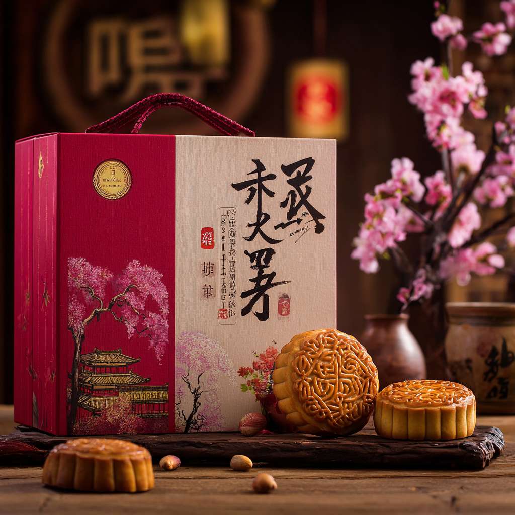 含有中国元素和中国色的月饼包装盒的封面图片，并要求加入“杏花楼”的标志，尽量美观 --ar 1:1 --v 7 --stylize 100 --fast --no 水印