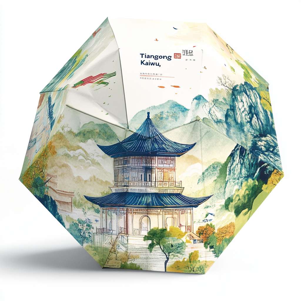 4. 包装解决方案
• 伞套：杜邦纸材质印刷《天工开物》插画，可展开作为海报
• 伞柄：磁吸式结构，倒置时可拼接成微型建筑模型（参考应县木塔榫卯）

5. 成本控制建议
• IP优先应用在伞面内侧（开伞时形成沉浸式视觉）
• 科技功能做模块化选配（基础款/智能款价格分层） --ar 1:1 --v 6.1 --stylize 100 --fast
