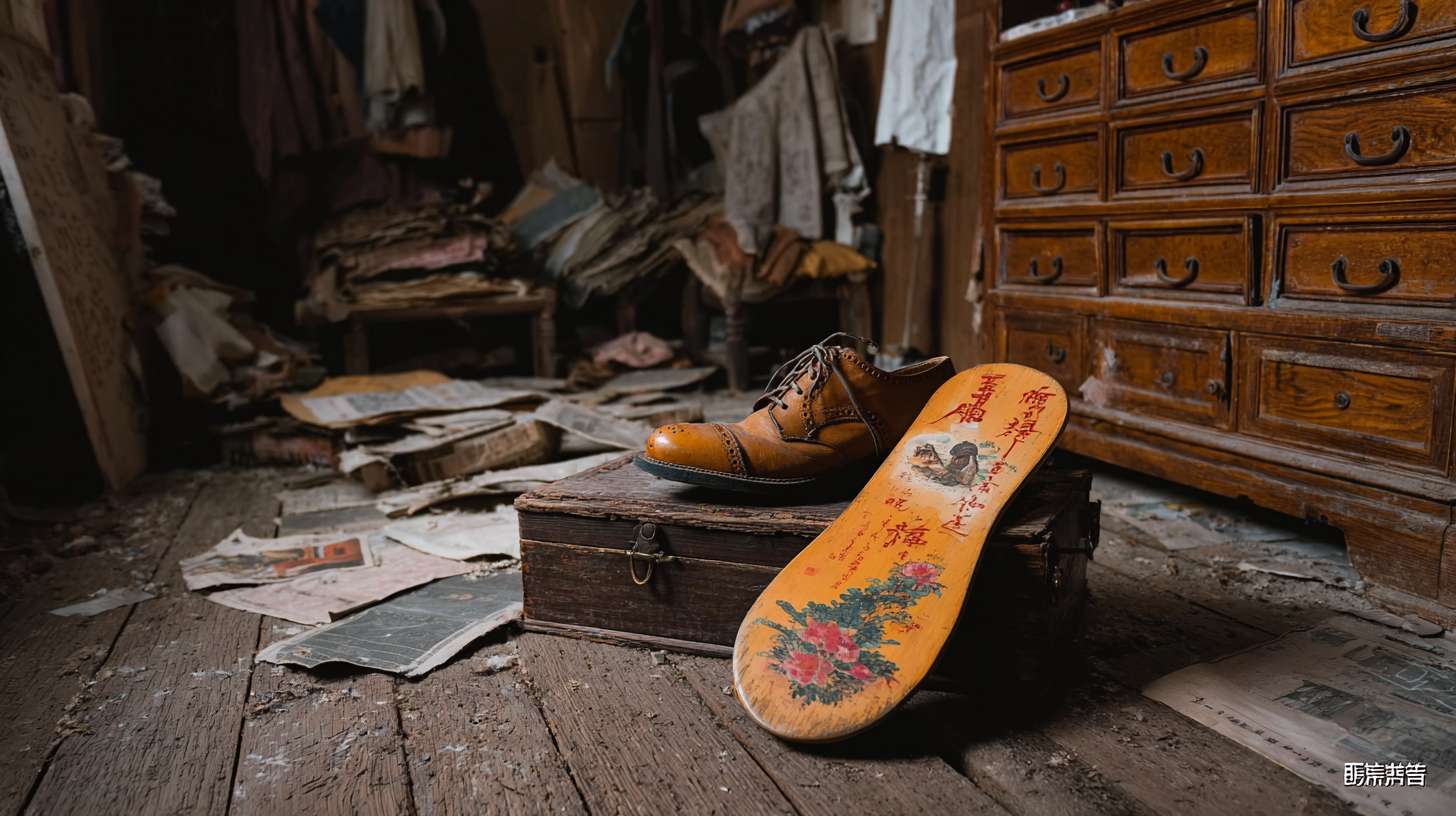 https://img-xpc-mj0.xpccdn.com/prod/upload/98677ad4-1d7d-4b12-b527-0e8a8f4f1793/%E6%8F%8F%E8%BF%B0%E6%9C%A8%E5%B1%90%E9%9E%8B%E5%9C%BA%E6%99%AF.png~tplv-5yakomv5zn-auto-v1%3A1024%3A0%3Aq75.jpg 单只木屐鞋在老宅阁楼，堆满旧衣柜，藤箱和散落的报纸， --ar 16:9 --v 7 --stylize 100 --fast --iw 1 --no 水印