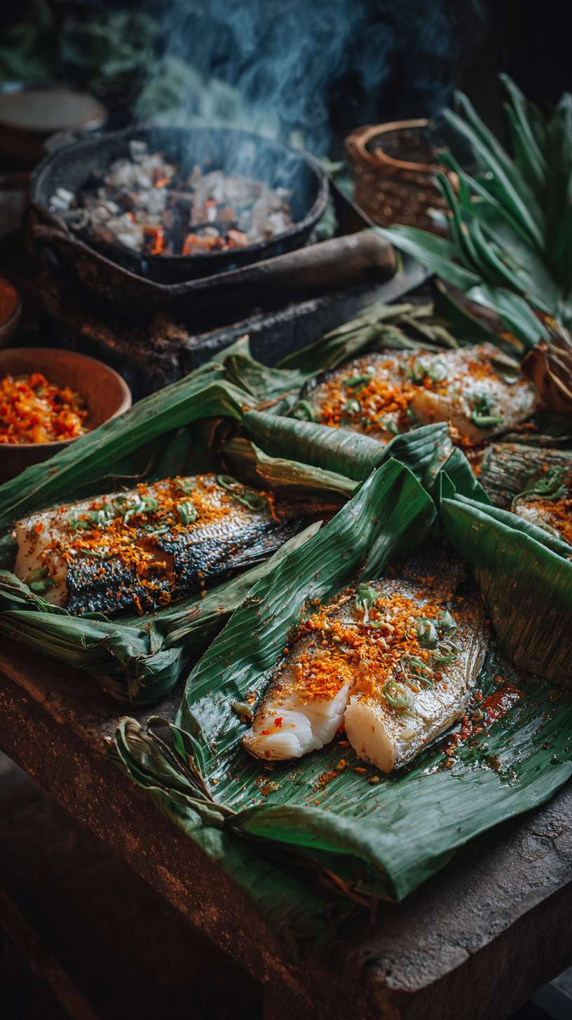 芭蕉叶烤鱼，打开热气腾腾的芭蕉叶，看见一条包裹着作料的鱼冒着热气，滋啦滋啦的声音下，看到若隐若现的雪白的鱼肉，看上去就非常有食欲，旁边还摆放着版纳特制口味的蘸料，隔着屏幕都溢出了鱼肉鲜甜 --ar 9:16 --v 7 --stylize 100 --fast --no 水印