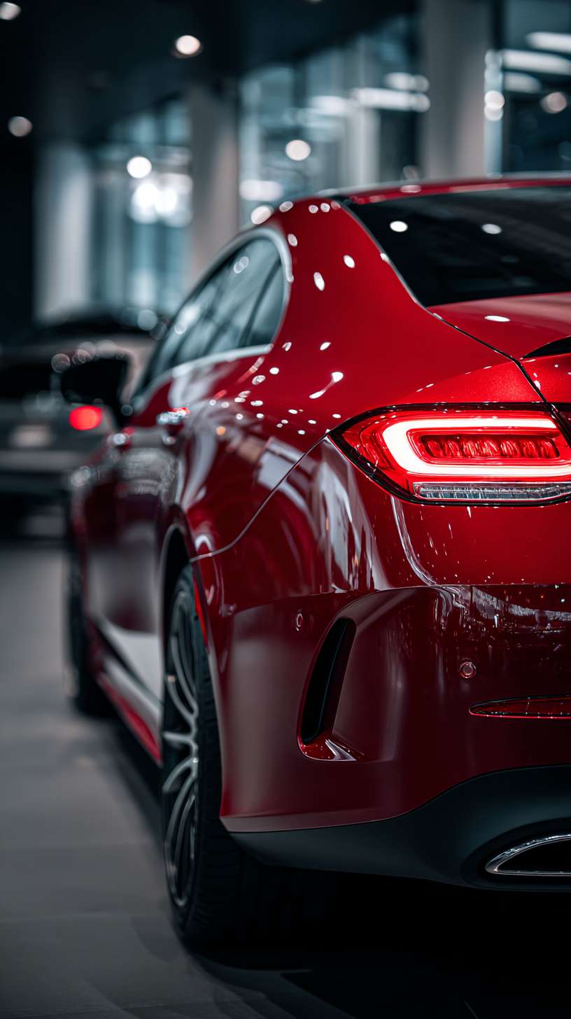 生成朱砂红色车漆AMG CLS 300 S的震撼展厅主图，亮起尾灯车正后方视角拍摄 --ar 9:16 --v 7 --stylize 100 --fast --no 水印