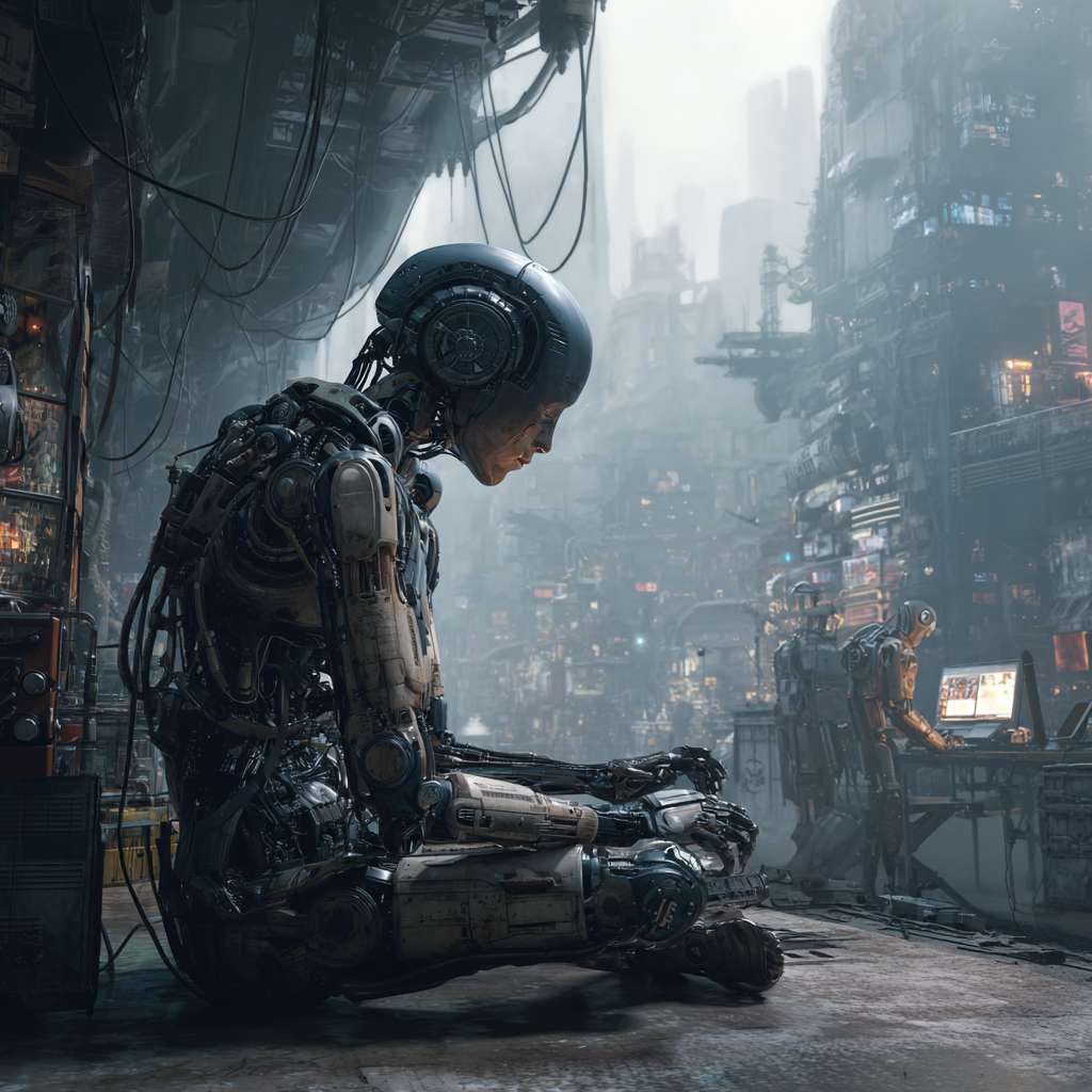 新闻热点：机器人和人类的关系是好是坏？ --ar 1:1 --v 7 --stylize 100 --fast --no 水印