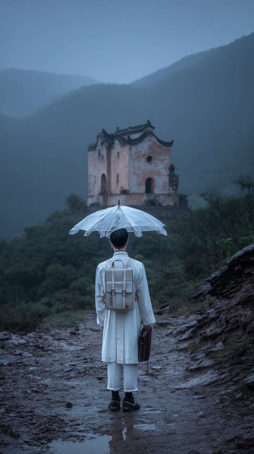 全景镜头：在深山里面，月光照亮着地面，一个身着白色书生服的英俊男子，背着书箱【需清晰】，外面下着雨比较阴暗，前面有点远的地方是一座破败的寺庙矗立在荒山野岭中，背面远景镜头，写实一些的风格 --ar 9:16 --v 7 --stylize 100 --fast --no 水印
