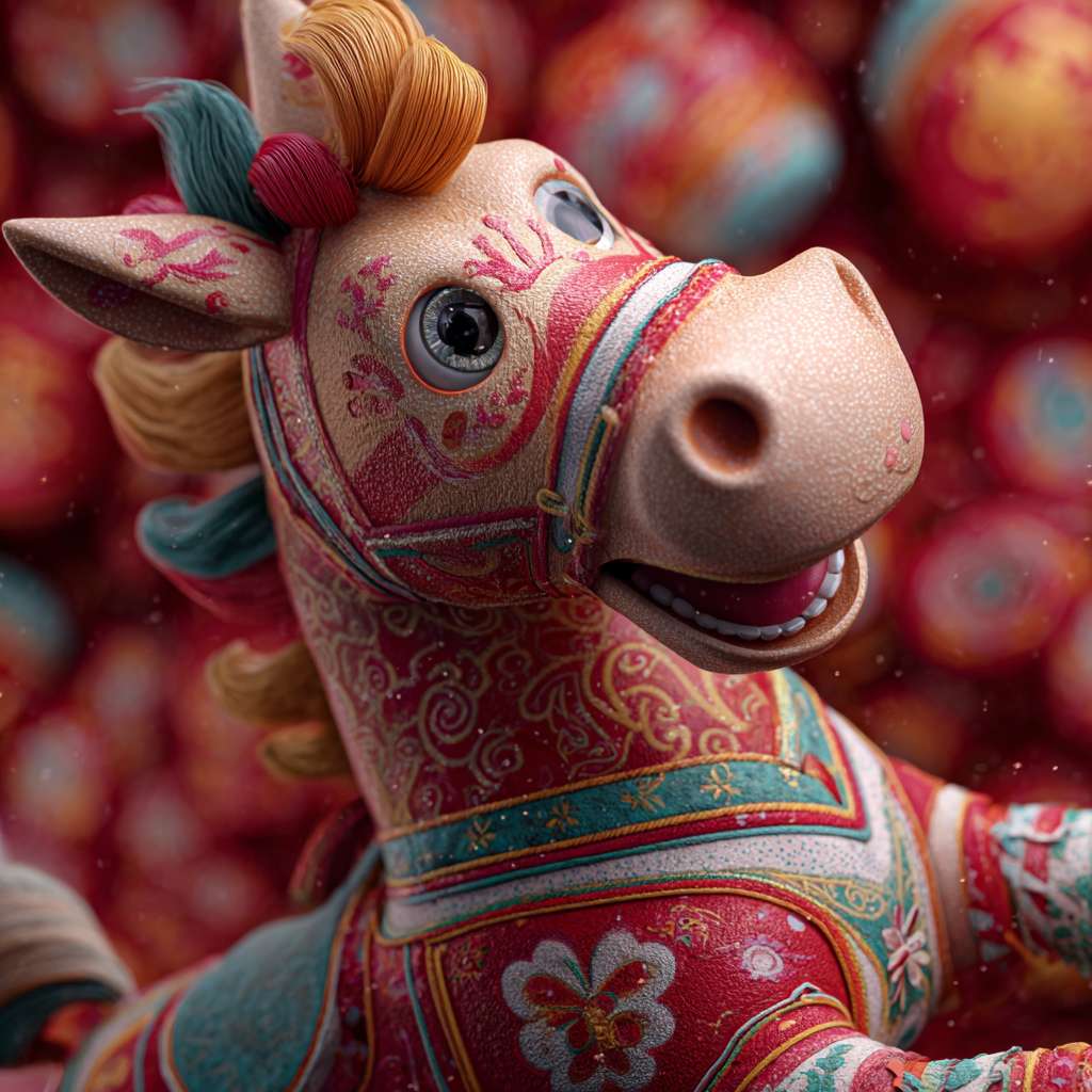 卡通，三维，马，过年，喜庆 --ar 1:1 --v 7 --stylize 100 --fast --no 水印