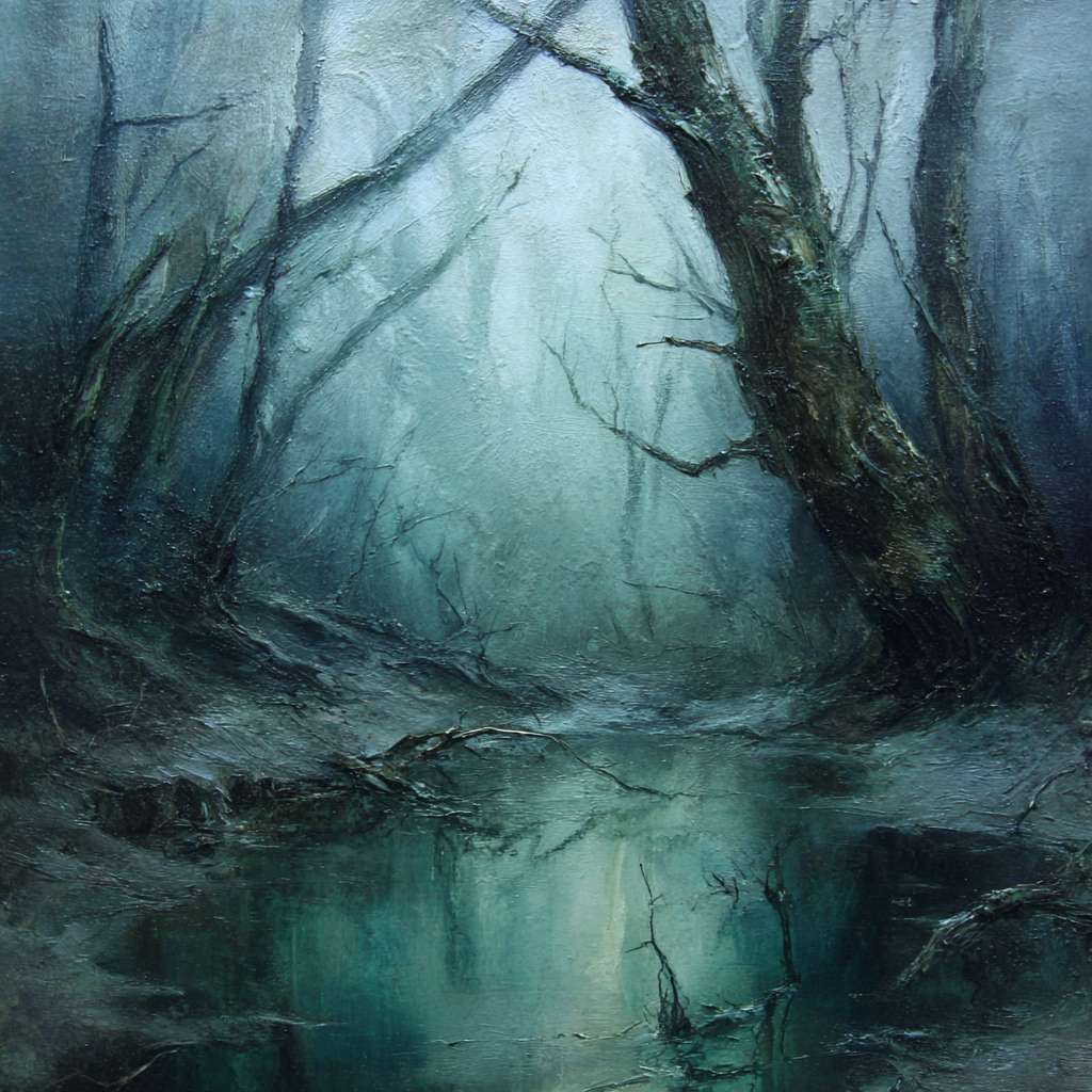 Eerie forest pool scene in cool gray-blue and 墨绿 tones, loose brushstrokes sketching gnarled tree trunks and tangled branches; still water mirrors fractured tree silhouettes and faint light, abstract 神秘 oil with desolate atmosphere.
Surreal 幽潭 in misty woods: dark green and slate-blue hues dominate, rough lines defining ancient trees; stagnant water reflects fragmented branches and eerie light, loose, expressive strokes.
Mysterious forest pool: cold gray-blue and deep emerald tones, with chaotic brushwork suggesting overgrown wilderness; still water acts as shadowy mirror, abstract oil in desolate greens and blues. --ar 1:1 --v 7 --stylize 100 --fast --no 水印