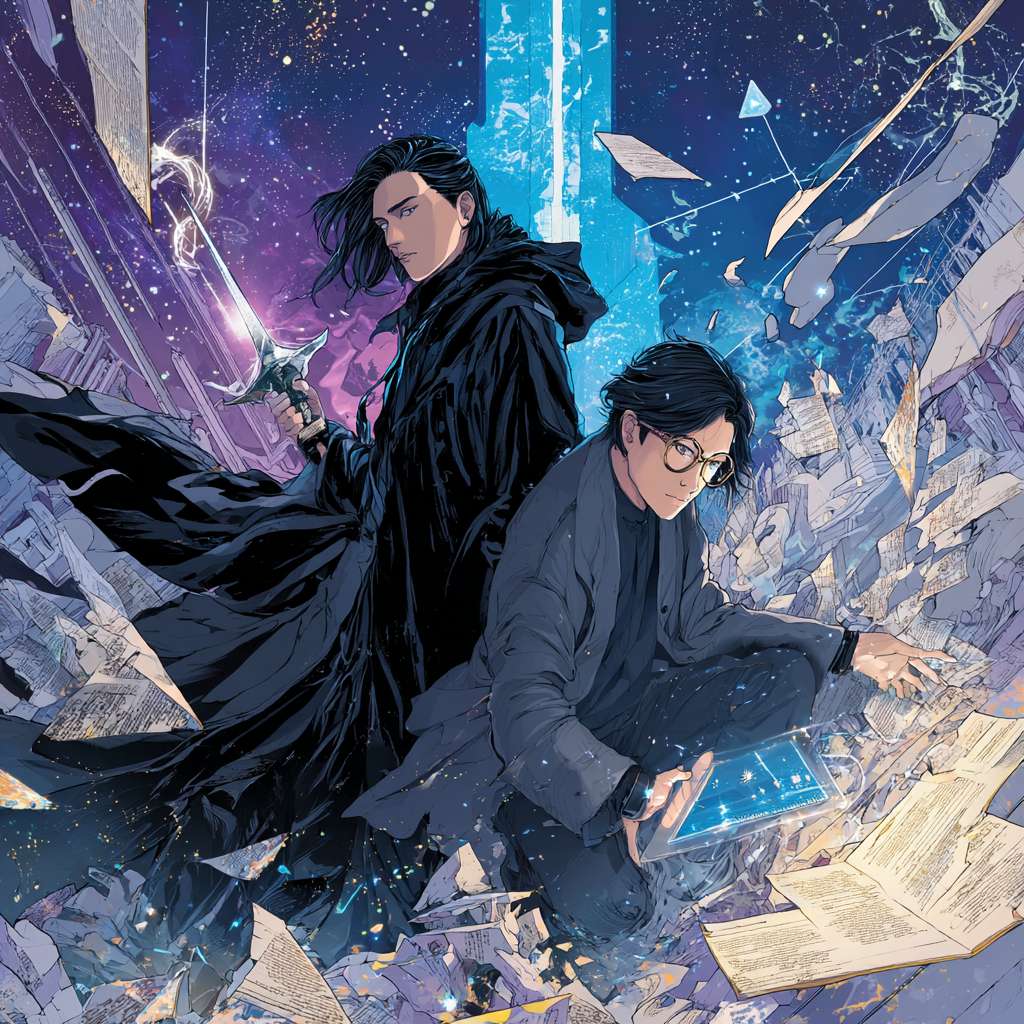史诗级漫画封面，赛博修仙风格，两位主角站在撕裂的维度裂缝前。左边是黑衣剑仙林朔，手持流淌星光的逆渊剑，眼神坚定，周身环绕破碎的规则锁链。右边是作者陈续，戴着眼镜，手持发光键盘，身后浮现代码洪流和真理之塔虚影。中间悬浮着定界石，散发着连接两个世界的柔和星光。背景是撕裂的书页，左侧现代都市，右侧修仙世界，裂缝中涌出璀璨星河。色彩以深空蓝和暗夜紫为主，高光采用星辰金和剑刃银。动态构图，充满张力，细节精致，8K分辨率，电影级光影。 --ar 1:1 --v 7 --stylize 100 --fast --no 水印
