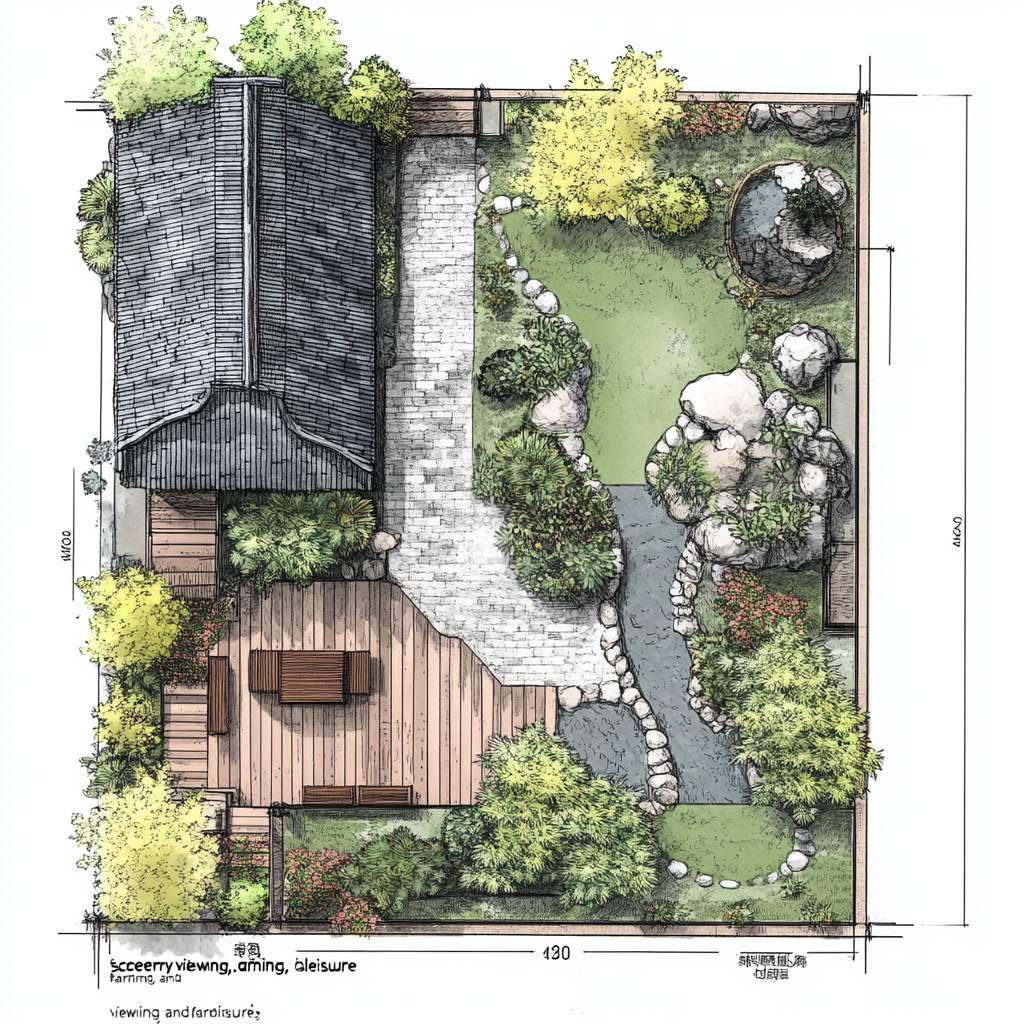 请根据以下描述生成一个建筑平面图。一、庭院功能分区与动线规划
1. 前院(迎宾景观区)
尺寸:4m×8m(靠近主入口)
核心元素:
中式门廊:悬挑1.5m宽灰瓦檐廊,地面铺青石板,设木质长凳供休憩。
曲径通幽:鹅卵石拼花小径(宽0.8m)蜿蜒至入口,两侧种植修水本地毛竹、蕨类。
水景点睛:利用小溪活水引入小型叠水景(宽1m×长2m),配石磨盘流水装置。
2. 侧院(实用功能区)
功能复合:
农具收纳:竹篱笆围合2m×3m工具间,顶部攀缘凌霄花遮阳。
晾晒区:防腐木平台(3m×3m),配可收放晾衣绳。
3. 后院(私密休闲区)
设计要点:
亲水平台:防腐木搭建挑台(4m×3m)延伸至溪边,设固定藤编桌椅。
生态菜园:阶梯式种植箱(1.2m高,方便老人操作),种植辣椒、薄荷等易打理作物。
夜景观赏:沿溪悬挂竹编灯笼,安装太阳能草坪灯(色温2700K暖光)。
二、中式美学细节设计
元素 实现方式 成本控制技巧
围墙 1.2m高青砖基座+上部竹格栅(间距15cm) 基座用本地红砖刷青灰漆,节省30%成本
地面铺装 60%青石板(主径)+30%砾石(排水带)+10%防腐木(平台) 砾石层下铺土工布防杂草
植物搭配 上层:桂花(香氛)+ 红枫(秋色)
中层:南天竹+芭蕉
下层:麦冬+矾根 选择2-3年生苗木,本地采购降低运费
小品装饰 旧石槽改荷花池、陶罐组合盆景、仿古拴马石 利用老物件再造景,文化感强且低成本
三、气候适应性设计
防潮排水
地面整体坡度3%向小溪方向倾斜,砾石排水沟沿建筑周边设置。
亲水平台底部架空10cm,采用菠萝格防腐木(耐湿性优于杉木)。
夏季遮阳
廊架顶部覆盖50%透光率的竹编遮阳板,搭配紫藤、葡萄等攀缘植物。
东西侧种植常绿女贞树篱(高2.5m),阻挡午后西晒。
冬季防风
北侧用木槿+珊瑚树混植绿篱(密度0.8m/株),降低冷风侵袭。
休息区设可拆卸透明防风帘(亚克力板+木框),冬季临时加装。
四、适老化安全设计
无障碍通行:所有通道宽度≥1m,无台阶设计,门槛高差<1cm。
防滑处理:青石板表面做荔枝面处理(摩擦系数≥0.6),木平台加防滑凹槽。
应急便利:
休憩区每10m设一键呼叫按钮(直连老人房报警器)。
夜间路径灯带嵌入地面(照度50-100lux),自动感应启动。
五、成本优化方案(预算3-5万元)
项目 推荐做法 单价参考
硬质铺装 本地青石板(60元/㎡)+ 砾石(30元/㎡) 1.2万元(约200㎡)
木作 菠萝格防腐木平台(350元/㎡) 1.5万元(40㎡)
绿化 本地苗木+自播草花 0.8万元(含土壤改良)
水景 小型循环水泵+旧石槽改造 0.3万元
照明 太阳能庭院灯+LED灯带 0.4万元
六、四季景观搭配建议
季节 观赏焦点 植物选择
春 入口紫藤花廊 紫藤、杜鹃、迎春
夏 荷池与芭蕉听雨 荷花、芭蕉、茉莉
秋 红枫与桂花香径 红枫、桂花、菊花
冬 竹石景观与常绿树 毛竹、南天竹、茶梅
七、施工注意事项
管线预埋:庭院照明线路穿PVC管埋深≥40cm,预留智能灌溉接口。
植被养护:芭蕉、竹子等根系发达植物需距建筑基础≥2m。
生态保护:溪边保留1m原生植被缓冲带,防止水土流失。
效果示意:
日景:白墙黛瓦掩映竹影,青石小径蜿蜒至溪边,木平台上老人闲坐品茶。
夜景:竹灯笼暖光映照水面,麦冬草间的萤火虫灯星星点点,宛如水墨画卷。
通过功能复合、在地材料利用和精细化适老设计,可在有限预算内实现“观景、务农、休闲”三合一的舒适庭院。 --ar 1:1 --v 6.1 --stylize 100 --fast