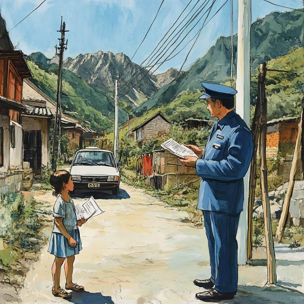 第二幅：扶贫政策到来
场景：同一小山村，但画面中有新的元素。
角色：
一位穿着制服的扶贫干部，手中拿着文件和图纸，正在和农民交谈。
背景中可以看到一些正在修建的基础设施，如新修的水渠、正在搭建的电线杆。
细节：
扶贫干部身后有一辆车。
农民的表情从愁容转为期待。
小女孩在旁边好奇地看着。
色彩：色调开始出现一些明亮的颜色，如扶贫干部制服的蓝色，电线杆的白色，象征希望的到来。 --ar 1:1 --v 6.1 --stylize 100 --fast