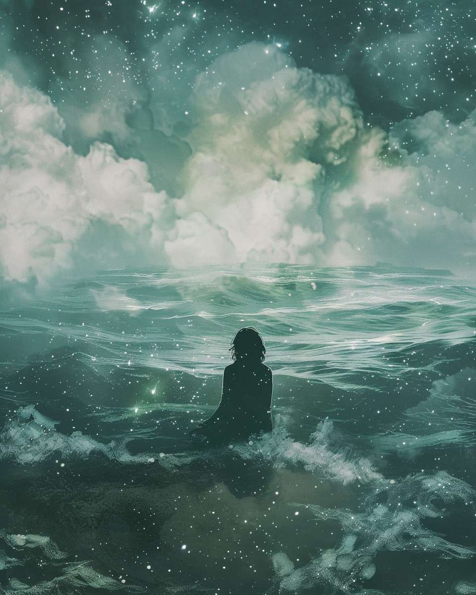 A person sitting on riverbank with turbulent water reflecting storm clouds, while their shadow reflects stars, no text, dual-tone illustration --ar 4:5 --v 6 --stylize 100 --fast