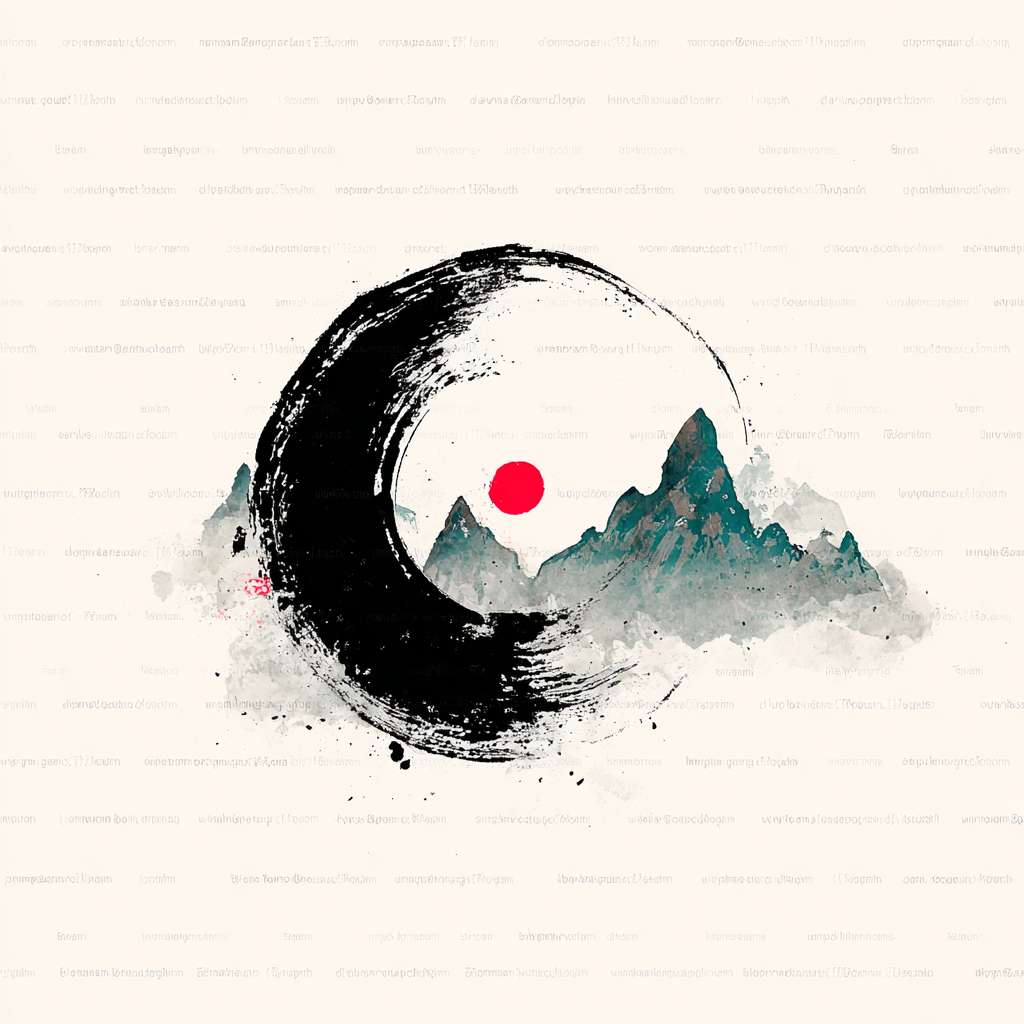"Circular logo, a minimalist ink-wash Tai Chi symbol in cyan and black, surrounded by faint mountain silhouettes, red dot in Tai Chi center, white background, Chinese Zen style, clean and serene, no text, high resolution, vector style" --ar 1:1 --v 7 --stylize 100 --fast