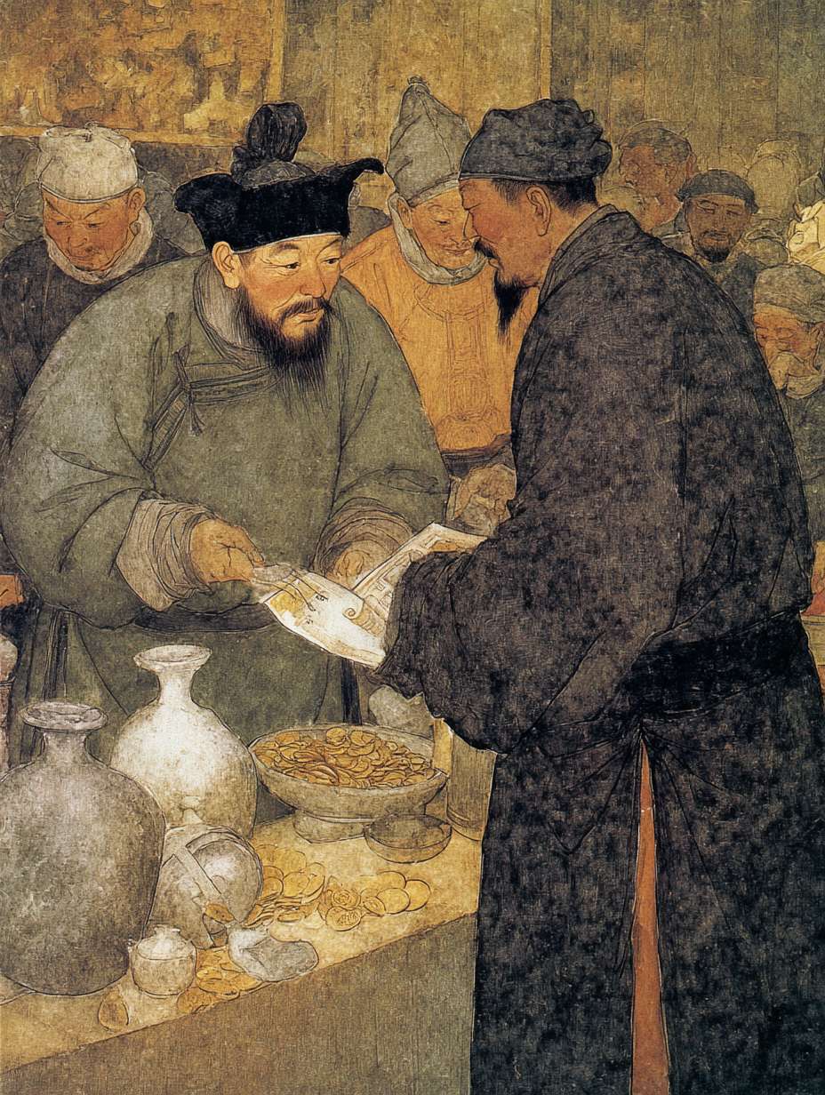 宋代官员向商铺掌柜收取税费的场景，官员手持账本表情严肃，掌柜不情愿地交出铜钱，古代市集背景，灰黄色调，工笔画风格 --ar 3:4 --v 7 --stylize 100 --fast --no 水印