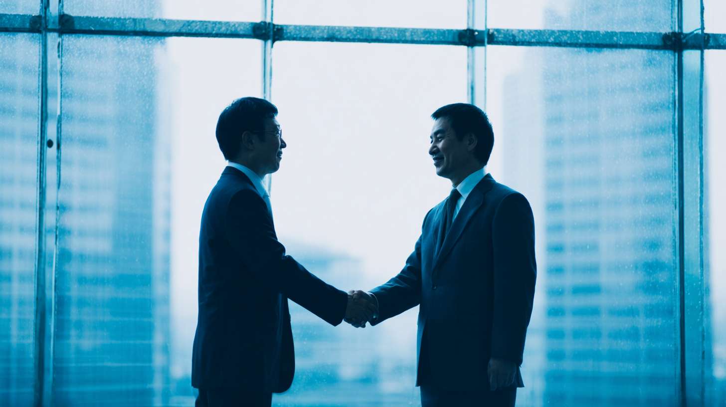 两个中年男人，亚洲人种，深色皮肤，短发，穿着深色西装，正在一个现代办公室环境中握手，背景是大面积的玻璃窗，透过玻璃可以看到外面的城市景观，光线明亮，整体氛围正式而专业。男人们在画面的中心位置，握手的手部占据画面的大部分，背景的玻璃窗和城市景观模糊处理，突出前景的握手动作。画面风格为照片现实主义，整体色调偏冷，突显专业和正式的场合。 --ar 16:9 --v 7 --stylize 100 --fast --no 水印