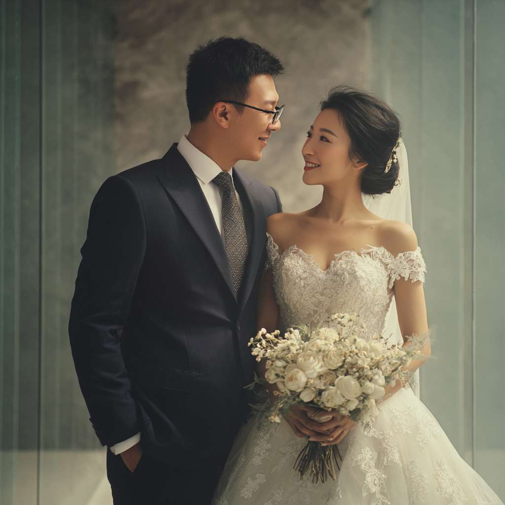 婚纱照 --ar 1:1 --v 7 --stylize 100 --fast --no 水印