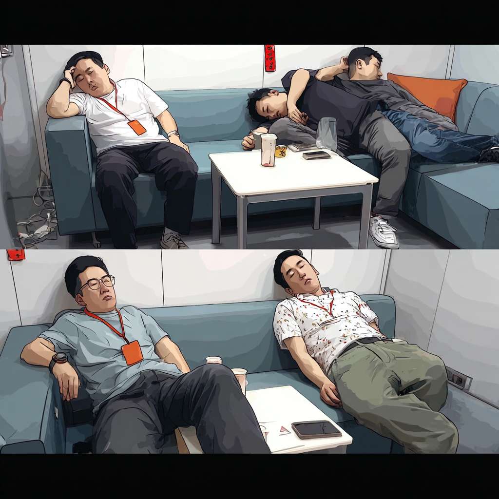 https://img-xpc-mj0.xpccdn.com/prod/upload/fc54d23e-863d-4a3d-a08a-155b4e371e95/DSC05182.JPG~tplv-5yakomv5zn-auto-v1%3A1024%3A0%3Aq75.jpg 参考图片场景，显示4位男士在场景内以不同姿势在沙发上休息的卡通图片，画面清晰，人物显示完整并且佩戴红色挂绳工牌，墙体白色 --ar 1:1 --v 7 --stylize 100 --fast --iw 1 --no 水印