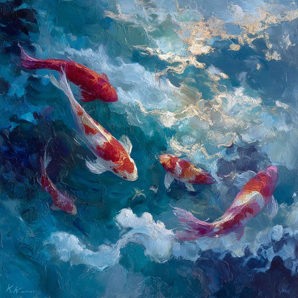 Dreamy blue depths with iridescent light patterns, koi fish in vivid reds and golds, expressive strokes blending water’s fluidity and fish’s grace, abstract. --ar 1:1 --v 7 --stylize 100 --fast