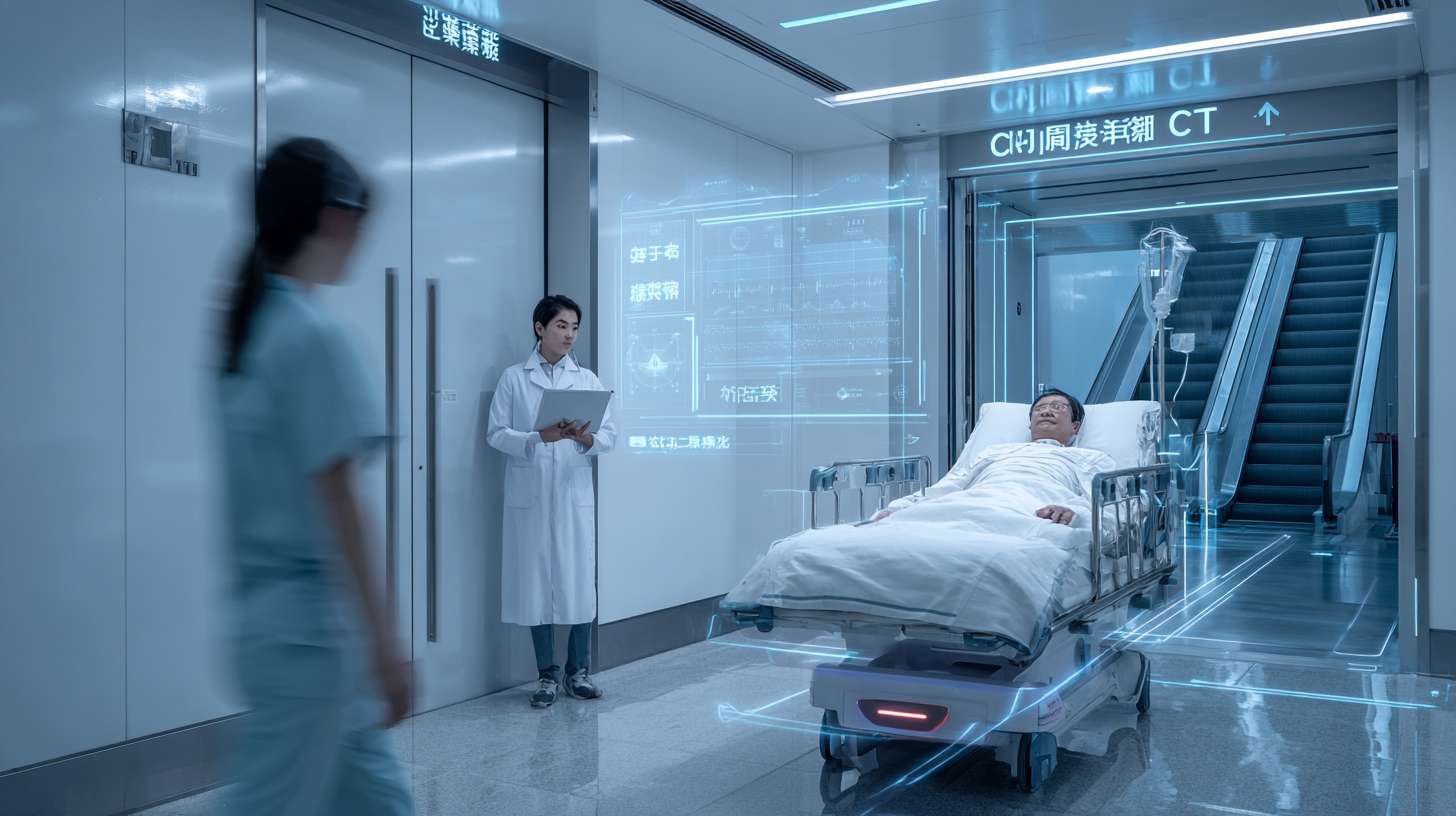 现代医院ICU走廊场景，科技感，浅蓝色调，整洁明亮。一名重症患者躺在智能移动床上，床体配备激光雷达和传感器，正在自动导航。床位配有平板显示频显示患者生命体征和路径规划图，一名护士手持平板电脑远程监控。移动床正在避开一名路过的医生。背景有电梯和指示牌，显示“CT室”。风格写实，细节精致，光线柔和，有医疗科技感。 --ar 16:9 --v 7 --stylize 100 --fast --no 水印