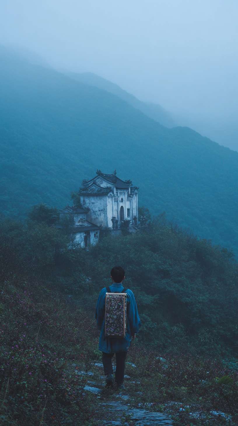全景，页面比较昏暗，在晚上的深山里面，月光照亮着地面，一个身着靛蓝色书生服男子，背着书箱，外面下着雨比较阴暗，前面有点远的地方是一座破败的寺庙矗立在荒山野岭中，背面远景镜头 --ar 9:16 --v 7 --stylize 100 --fast --no 水印