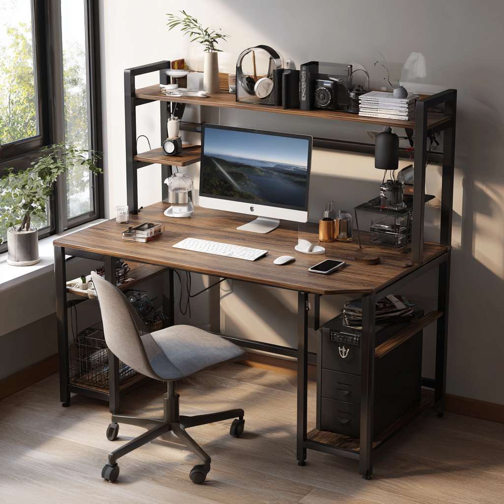 给我一个电脑桌搭的整体图，区域长度180*85。要有椅子。要提现细节，电脑机箱是海景房样式的，要放电脑桌面上。电脑桌要有置物架。置物架第二层要放一个哈曼卡顿音响。桌子上要有水杯，小垃圾桶。纸巾。键盘鼠标。手机，插板上插着手机充电器。还有平板。 --ar 1:1 --v 7 --stylize 100 --fast --no 水印