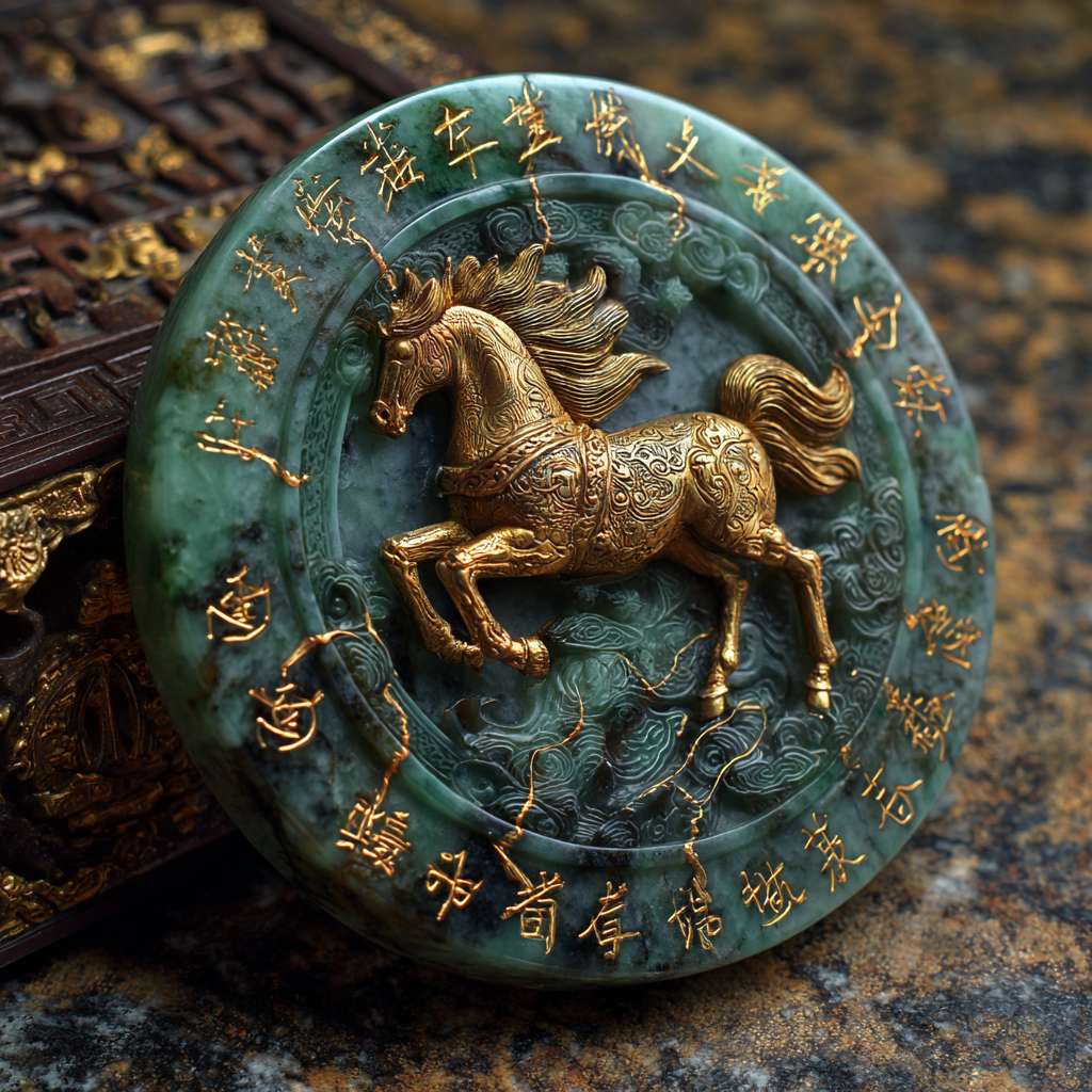 1. **主体造型**：圆形玉质徽章，直径约5cm，边缘有青铜镶边  
2. **核心图案**：中央浮雕一匹奔腾的骏马（参考汉代马踏飞燕的动感姿态）  
3. **材质质感**：  
   - 基底：翡翠绿色半透明玉石  
   - 镶边：古铜色金属，带有青铜锈迹  
   - 符文：金色能量线条在玉石内部流动  
4. **特效光效**：  
   - 马眼散发金色微光  
   - 符咒边缘有星尘般的光点飘散  
5. **背景建议**：  
   - 深色石质纹理（如古代祭坛）  
   - 底部飘散着青色灵气薄雾 --ar 1:1 --v 7 --stylize 100 --fast --no 水印