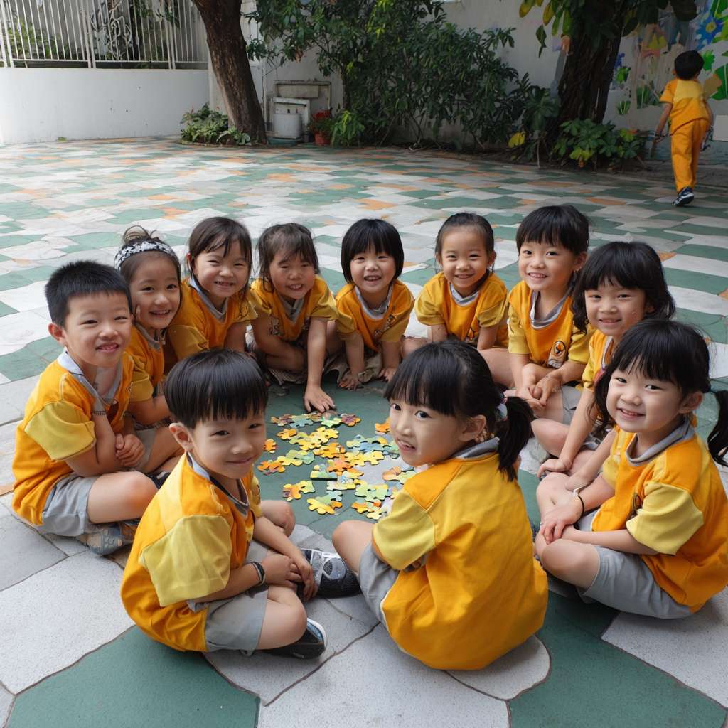 一班小六穿校服的學生們在校園裡圍成一個半圓形，以卡通的風格展示穿山甲、老虎、水獺、熊貓、飛鼠、龜等等的瀕危物種，讓學生們一起將積木併上瀕危動物圖案上 --ar 1:1 --v 7 --stylize 100 --fast --no 水印