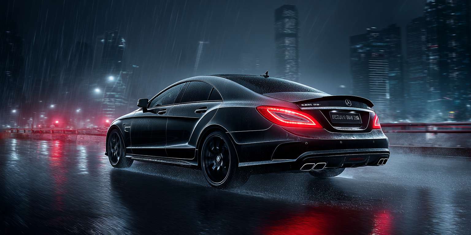 暗黑雨夜，2015款梅赛德斯-AMG CLS 63 S 4MATIC，曜石黑车身近乎隐于黑暗，唯有车尾两盏猩红色LED尾灯如恶魔之眼撕裂夜幕。倾盆大雨中，8K超清镜头捕捉：车顶、引擎盖、腰线布满晶莹雨珠，尾灯光束在湿滑柏油路面拉出血色倒影，四出排气弥漫低温白雾。背景为冷峻都市摩天楼剪影，霓虹光晕在雨帘中晕染。摄影风格：索尼A7S III拍摄，f/1.2大光圈浅景深，电影感暗调光影，赛博朋克红黑视觉冲击。 --ar 2:1 --v 7 --stylize 100 --fast --no 水印