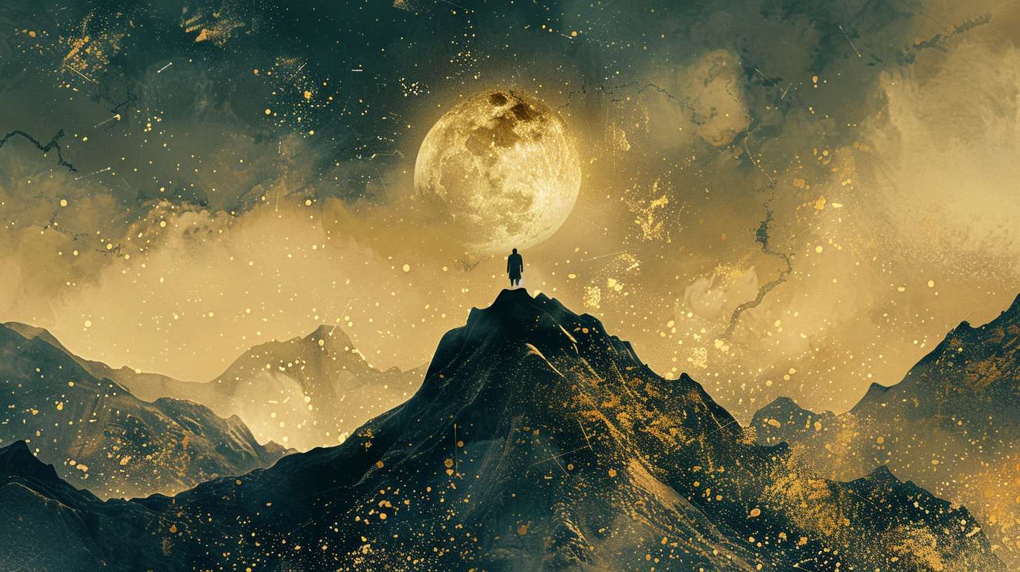 A lone figure standing on mountain peak facing cosmic sky, ink wash style with gold leaf accents, Taoist immortals aesthetic, no text, ethereal lighting --ar 16:9 --v 6 --stylize 100 --fast