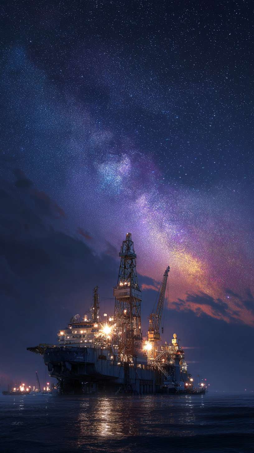 我想以海油工程的201船为原型，设计一款具有梵高绘画风格的海报，体现在茫茫大海上，星空闪烁，201船正在进行铺管作业。 --ar 9:16 --v 7 --stylize 100 --fast --no 水印
