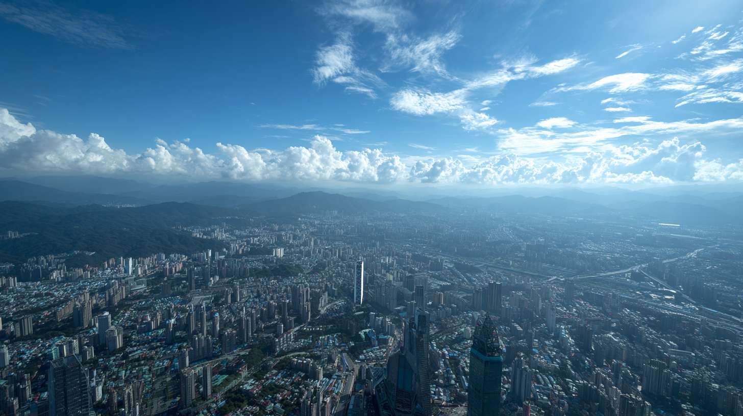 城市中在大厦楼顶远看蓝天白云 --ar 16:9 --v 7 --stylize 100 --fast --no 水印