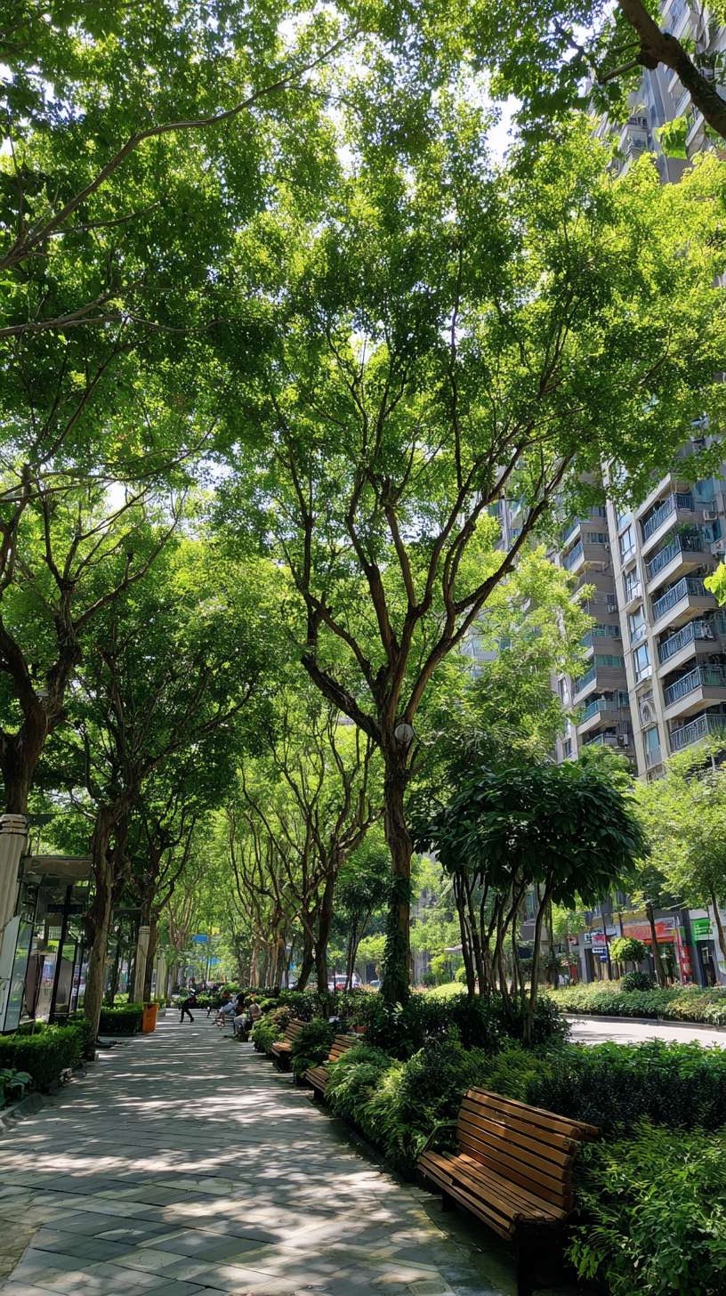 画面是充满生机的城市绿化景观：郁郁葱葱的行道树、小区内的绿荫、市民在树下休憩。 --ar 9:16 --v 7 --stylize 100 --fast --no 水印