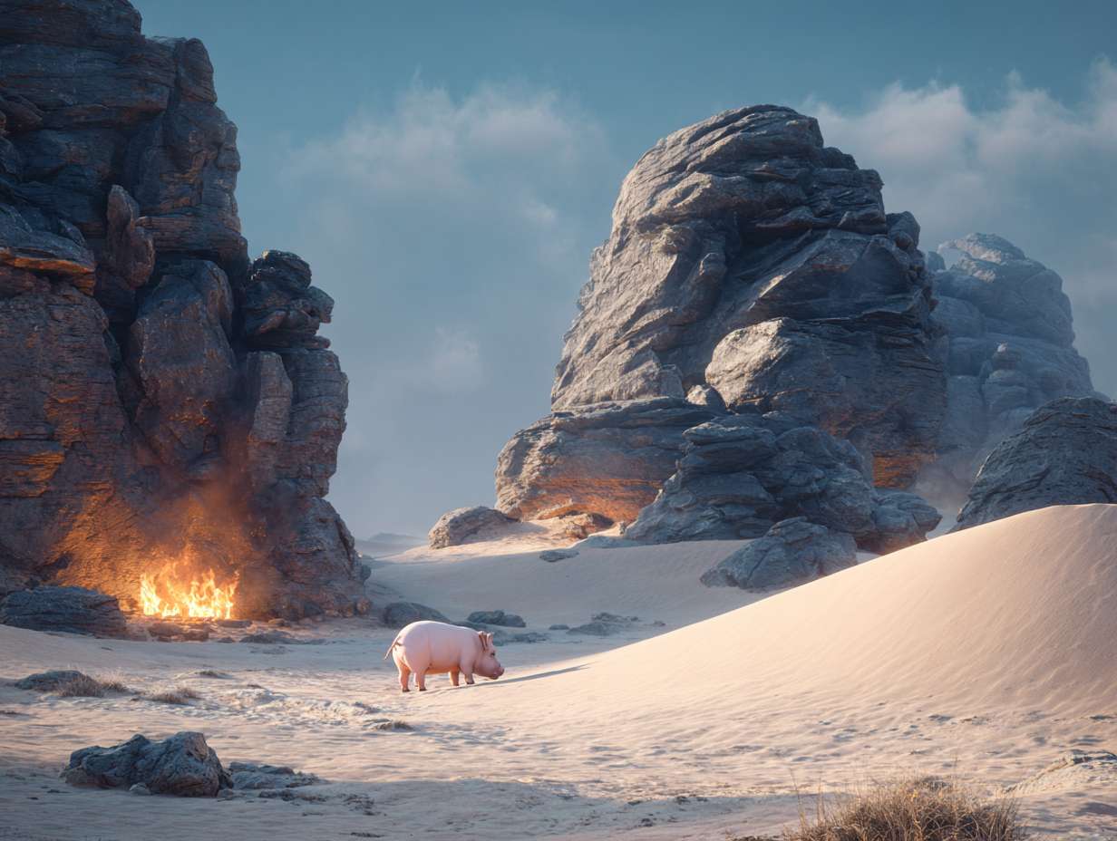 Photorealistic cinematic image，A pale pink pig in the middle of an extreme desert landscape with giant black rocks and orange pillows. There is fire on top of one rock, giving off warm light. The sky has a blue color. In front of it there's a large sand dune, film grain, hyper realistic photography, natural lighting, highly detailed photo. --ar 4:3 --v 7 --style raw --stylize 100 --fast