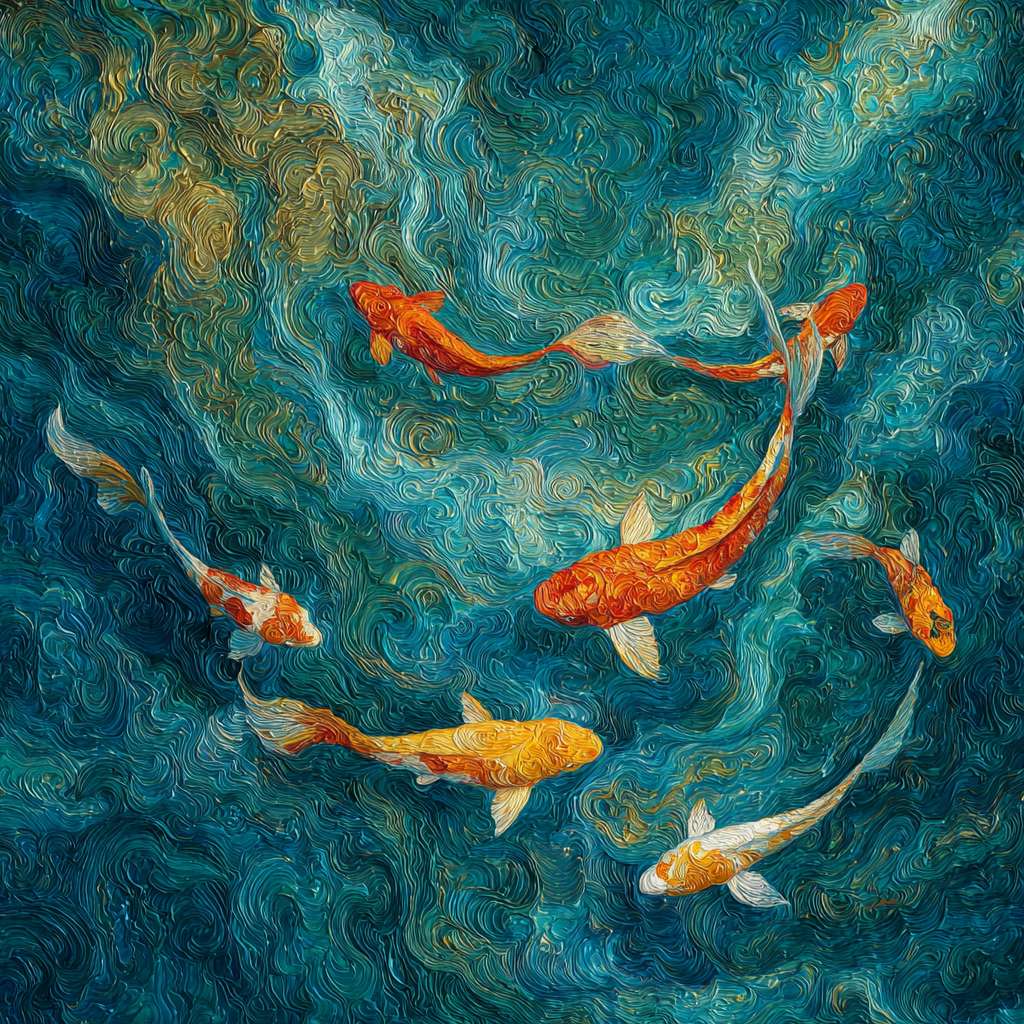 Dynamic blue sea interlaced with 五彩光影 and sinuous koi, brushwork blending abstraction and detail, abstract oil. --ar 1:1 --v 7 --stylize 100 --fast --no 水印