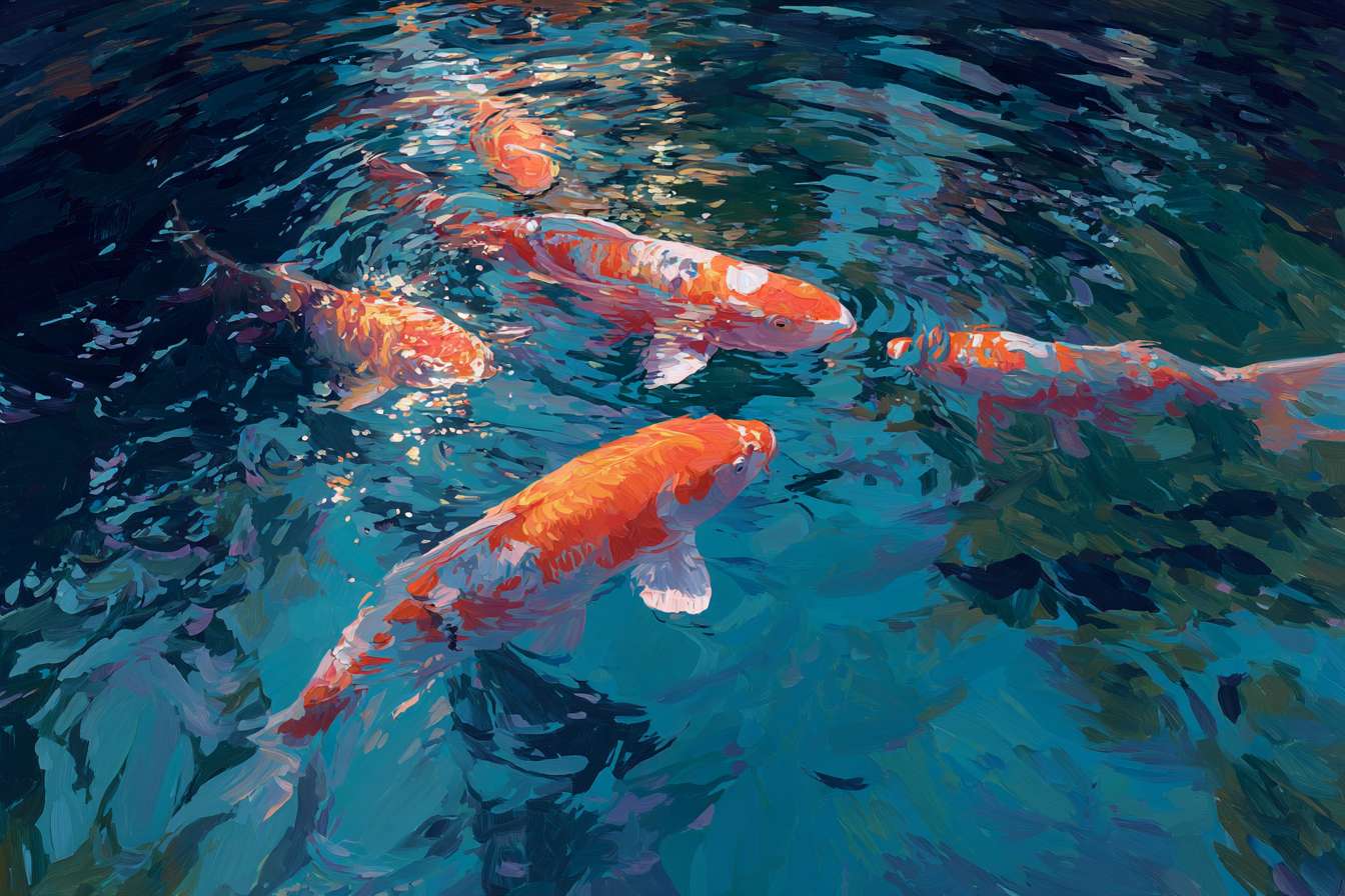 Dreamlike blue water with fractured light and gliding koi, expressive brushwork capturing light and flow, oil. --ar 3:2 --v 7 --stylize 100 --fast