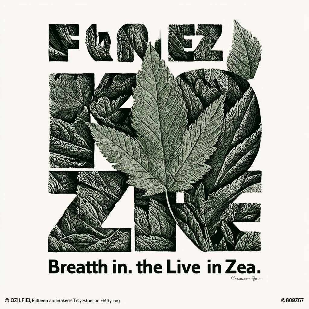 "FOLIZEN" in bold grotesque, negative space cutout of leaf silhouette within "O", "Breathe in the Leaf, Live in the Zen" laser-engraved texture in 6pt capitals around letter strokes, monochrome sage (#6B8E7E) --ar 1:1 --v 7 --stylize 100 --fast