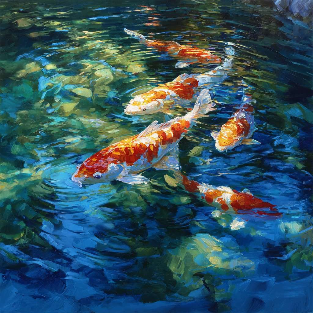Dreamlike blue water and rippling color, koi fish shimmering with life, expressive brushwork capturing light and motion, oil. --ar 1:1 --v 7 --stylize 100 --fast