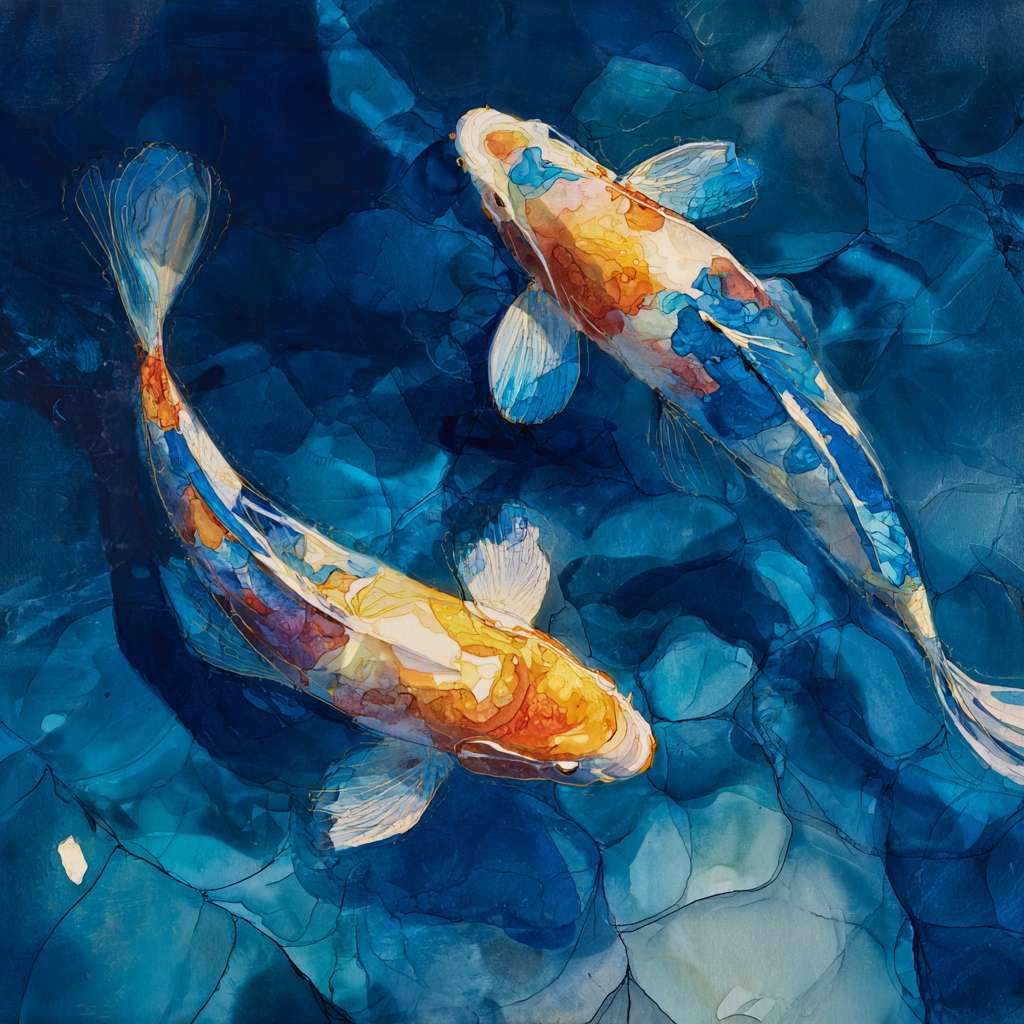 Dreamy depths in indigo blue, iridescent light dancing around vivid koi, expressive strokes for fluid grace, abstract. --ar 1:1 --v 7 --stylize 100 --fast