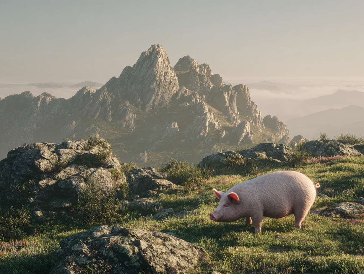 Photorealistic cinematic image，A pale pink pig on the grass next to the mountaintop, with a rocky mountain range behind it, and fog connecting the mountain range, full of warm colors and ultra high definition real materials， highly detailed photo. --ar 4:3 --v 7 --style raw --stylize 100 --fast