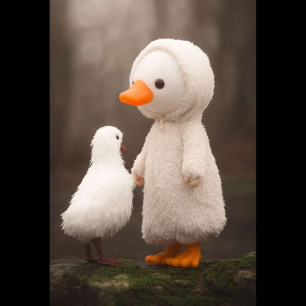 https://img-xpc-mj0.xpccdn.com/prod/upload/6142d541-9b9c-4c57-8e6b-ad78daa441dd/ME1753784848498.png~tplv-5yakomv5zn-auto-v1%3A1024%3A0%3Aq75.jpg 这幅图中有个少年和一个白色的鹅。少年穿着全身的斗篷，侧面对着我，斗篷的帽子很大，看不到脸。鹅胖胖的，样子像上传图一样。少年和鹅差不多高，两小只面对面站着，鹅伸出自己的小手，少年也伸出自己的小手，两个小手互相接触。图的背景是一片森林，底部是布满青苔的石头，少部分会漏出石头本来的样式。从上空打下一束柔柔的光，光子漂浮着巨大的孢子 --ar 1:1 --v 7 --stylize 100 --fast --iw 1 --no 水印