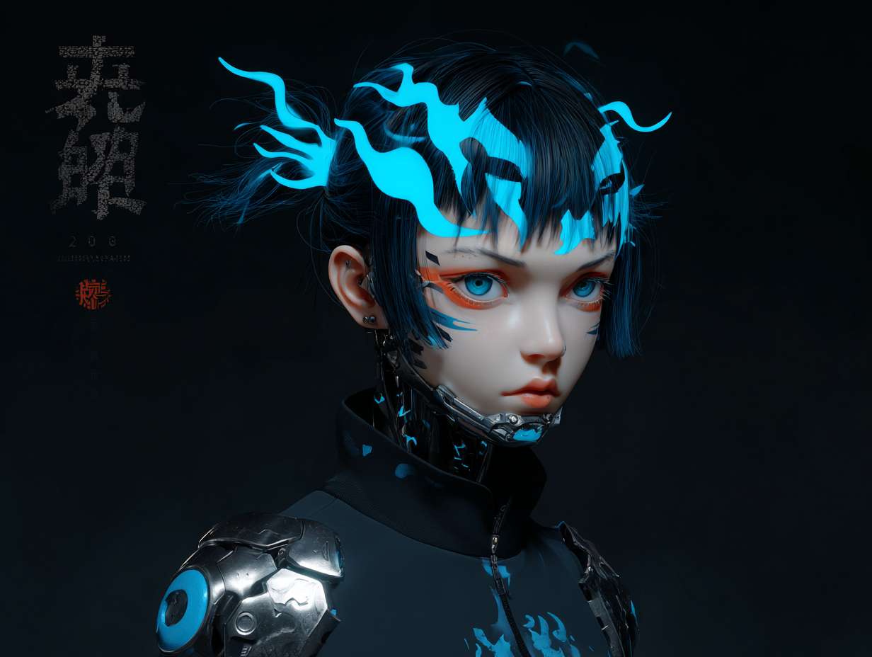 头部设计：保留哪吒标志性的 “火焰感” 发型，黑色短发中挑染三缕明亮的蓝色火焰发丝（对应觉醒后的蓝色火焰），额前发丝微微上翘，模拟火焰飘动形态。左侧太阳穴处有一道银色机械接口，平时隐藏在发丝下，战斗时会弹出蓝色能量纹路，延伸至下颌。面部妆容简洁，仅在眼尾处用红色颜料绘制细小火焰图腾（呼应父亲遗留的摩托火焰图案），眼神锐利，瞳孔在情绪激动时会泛出淡蓝色微光。
    上身设计：内搭黑色紧身速干衣，衣料上印有暗纹火焰图案（仅在强光下可见）。外覆银色分段式机械战甲，肩部装甲呈三角形，边缘有锯齿状设计（兼具防御与近战功能），装甲表面刻有红色古代符文（对应哪吒的 “混天绫” 元素，符文可释放能量束束缚敌人）。胸口是圆形能量核心，外层包裹透明合金罩，内部蓝色火焰状能量随呼吸起伏，核心下方印有 “云祥” 二字（手写体，体现自我身份认同）。双臂为可变形机械臂，平时收缩为黑色皮质护臂形态（印有赛车涂鸦），战斗时展开为银色机械结构，手掌心有凹槽，可凝聚火焰能量。
    下身设计：穿着黑色工装裤，裤腿侧边有拉链口袋（用于放置机械零件与应急工具），膝盖处装有黑色防撞护膝，护膝表面有蓝色电路纹路。腰部系着宽版黑色皮带，左侧挂着父亲遗留的摩托钥匙（金属材质，钥匙链是小型火焰吊坠），右侧挂着战术匕首（刀柄缠绕红色皮质绳，模拟混天绫质感）。脚部为黑色高帮机械战靴，靴底有防滑纹路，鞋跟处装有小型推进装置（战斗时可辅助跳跃），靴筒外侧印有蓝色火焰标识。 --ar 4:3 --v 7 --stylize 100 --fast --no 水印