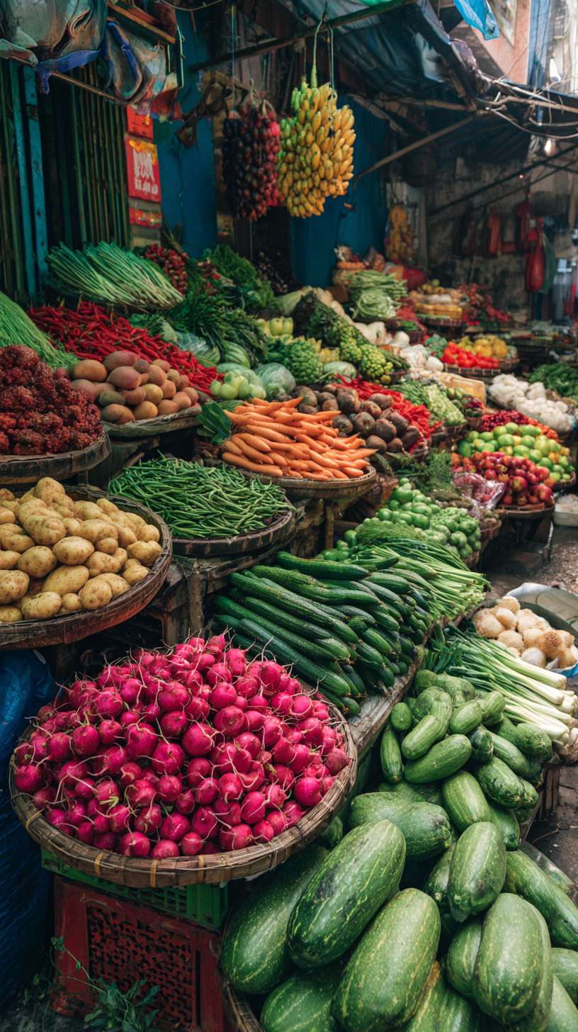 云南菜市场摆放着各种新鲜的蔬菜瓜果琳琅满目 --ar 9:16 --v 7 --stylize 100 --fast --no 水印