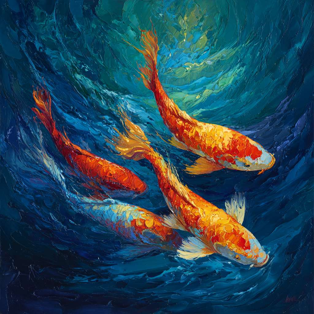 Vibrant underwater dance: deep blue water, 五彩光影，and energetic koi, thick strokes for water’s turbulence, thin strokes for fish scales, oil. --ar 1:1 --v 7 --stylize 100 --fast --no 水印