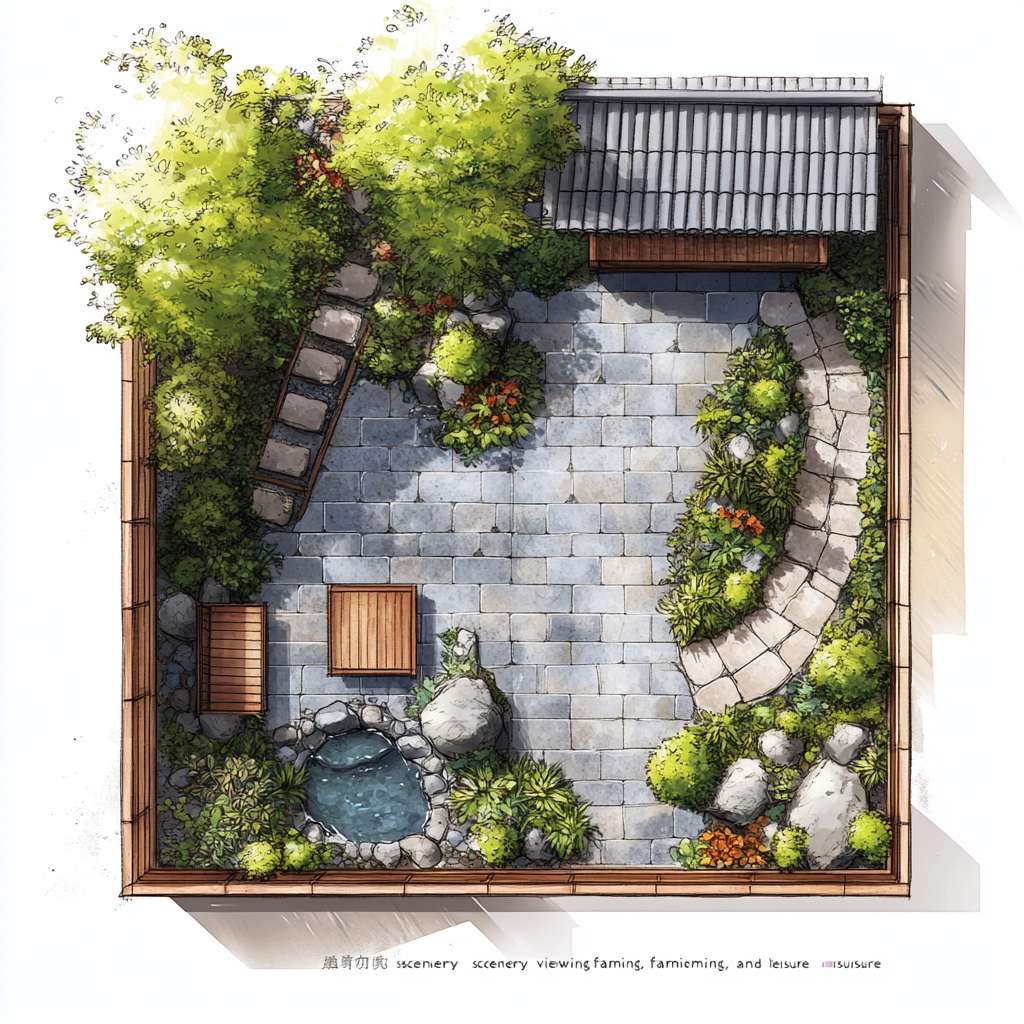 请根据以下描述生成一个建筑平面图。一、庭院功能分区与动线规划
1. 前院(迎宾景观区)
尺寸:4m×8m(靠近主入口)
核心元素:
中式门廊:悬挑1.5m宽灰瓦檐廊,地面铺青石板,设木质长凳供休憩。
曲径通幽:鹅卵石拼花小径(宽0.8m)蜿蜒至入口,两侧种植修水本地毛竹、蕨类。
水景点睛:利用小溪活水引入小型叠水景(宽1m×长2m),配石磨盘流水装置。
2. 侧院(实用功能区)
功能复合:
农具收纳:竹篱笆围合2m×3m工具间,顶部攀缘凌霄花遮阳。
晾晒区:防腐木平台(3m×3m),配可收放晾衣绳。
3. 后院(私密休闲区)
设计要点:
亲水平台:防腐木搭建挑台(4m×3m)延伸至溪边,设固定藤编桌椅。
生态菜园:阶梯式种植箱(1.2m高,方便老人操作),种植辣椒、薄荷等易打理作物。
夜景观赏:沿溪悬挂竹编灯笼,安装太阳能草坪灯(色温2700K暖光)。
二、中式美学细节设计
元素 实现方式 成本控制技巧
围墙 1.2m高青砖基座+上部竹格栅(间距15cm) 基座用本地红砖刷青灰漆,节省30%成本
地面铺装 60%青石板(主径)+30%砾石(排水带)+10%防腐木(平台) 砾石层下铺土工布防杂草
植物搭配 上层:桂花(香氛)+ 红枫(秋色)
中层:南天竹+芭蕉
下层:麦冬+矾根 选择2-3年生苗木,本地采购降低运费
小品装饰 旧石槽改荷花池、陶罐组合盆景、仿古拴马石 利用老物件再造景,文化感强且低成本
三、气候适应性设计
防潮排水
地面整体坡度3%向小溪方向倾斜,砾石排水沟沿建筑周边设置。
亲水平台底部架空10cm,采用菠萝格防腐木(耐湿性优于杉木)。
夏季遮阳
廊架顶部覆盖50%透光率的竹编遮阳板,搭配紫藤、葡萄等攀缘植物。
东西侧种植常绿女贞树篱(高2.5m),阻挡午后西晒。
冬季防风
北侧用木槿+珊瑚树混植绿篱(密度0.8m/株),降低冷风侵袭。
休息区设可拆卸透明防风帘(亚克力板+木框),冬季临时加装。
四、适老化安全设计
无障碍通行:所有通道宽度≥1m,无台阶设计,门槛高差<1cm。
防滑处理:青石板表面做荔枝面处理(摩擦系数≥0.6),木平台加防滑凹槽。
应急便利:
休憩区每10m设一键呼叫按钮(直连老人房报警器)。
夜间路径灯带嵌入地面(照度50-100lux),自动感应启动。
五、成本优化方案(预算3-5万元)
项目 推荐做法 单价参考
硬质铺装 本地青石板(60元/㎡)+ 砾石(30元/㎡) 1.2万元(约200㎡)
木作 菠萝格防腐木平台(350元/㎡) 1.5万元(40㎡)
绿化 本地苗木+自播草花 0.8万元(含土壤改良)
水景 小型循环水泵+旧石槽改造 0.3万元
照明 太阳能庭院灯+LED灯带 0.4万元
六、四季景观搭配建议
季节 观赏焦点 植物选择
春 入口紫藤花廊 紫藤、杜鹃、迎春
夏 荷池与芭蕉听雨 荷花、芭蕉、茉莉
秋 红枫与桂花香径 红枫、桂花、菊花
冬 竹石景观与常绿树 毛竹、南天竹、茶梅
七、施工注意事项
管线预埋:庭院照明线路穿PVC管埋深≥40cm,预留智能灌溉接口。
植被养护:芭蕉、竹子等根系发达植物需距建筑基础≥2m。
生态保护:溪边保留1m原生植被缓冲带,防止水土流失。
效果示意:
日景:白墙黛瓦掩映竹影,青石小径蜿蜒至溪边,木平台上老人闲坐品茶。
夜景:竹灯笼暖光映照水面,麦冬草间的萤火虫灯星星点点,宛如水墨画卷。
通过功能复合、在地材料利用和精细化适老设计,可在有限预算内实现“观景、务农、休闲”三合一的舒适庭院。 --ar 1:1 --v 6.1 --stylize 100 --fast