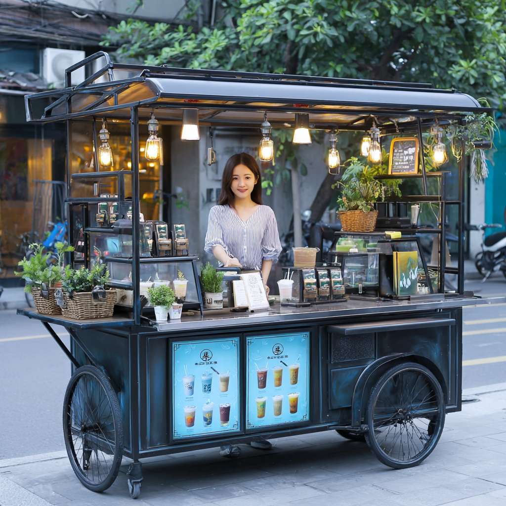 一个真实奶茶摆摊三轮车，三轮车台面全都是不锈钢材质的，专门定制不锈钢的架子和灯光广告，并且三轮车上有奶茶的菜单广告，奶茶摆摊主是个漂亮发女生 --ar 1:1 --v 7 --stylize 100 --fast --no 水印